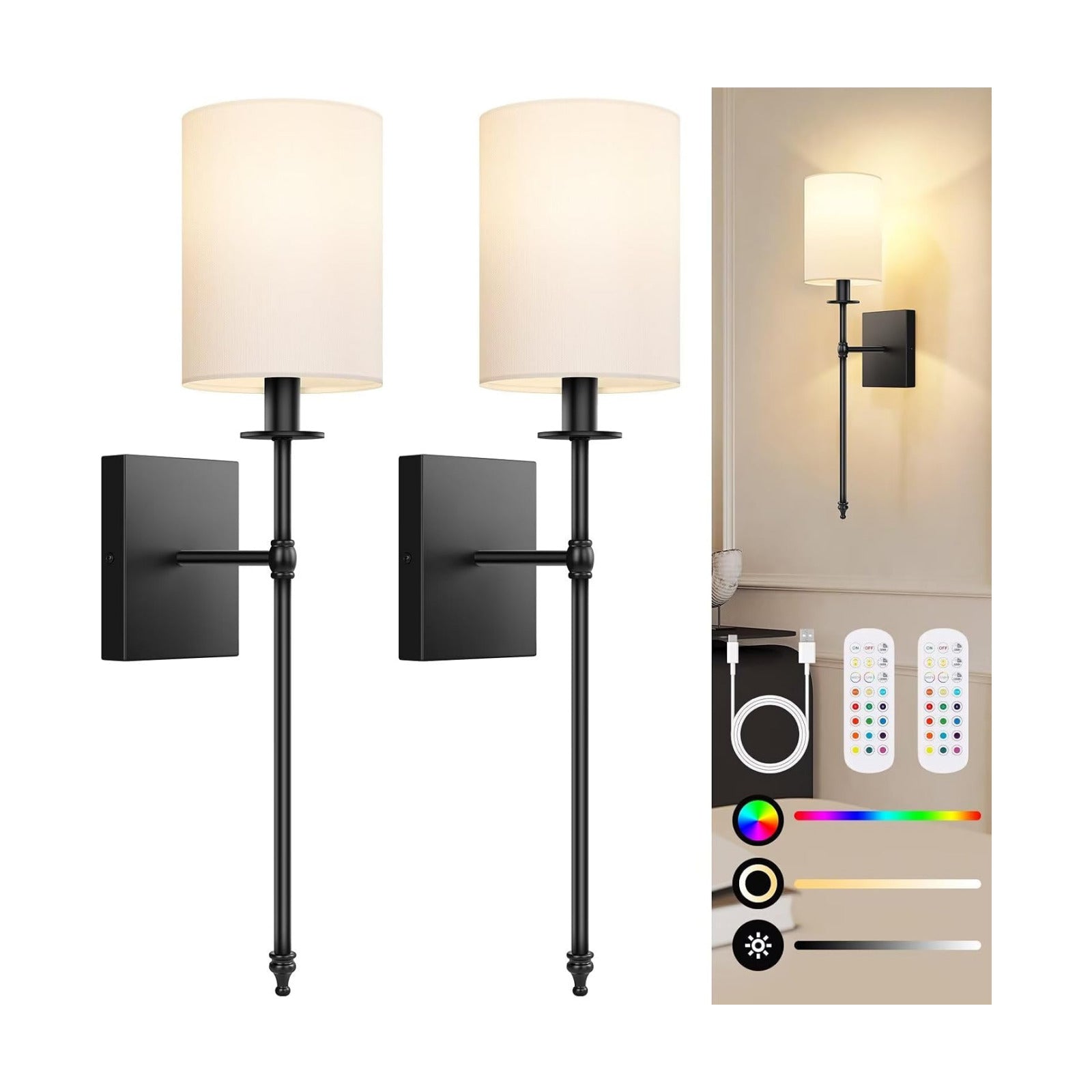 Battery Operated Wall Sconces Set of 2, Rechargeable Sconces with Remote | Black Wall Lights with White Fabric Shade