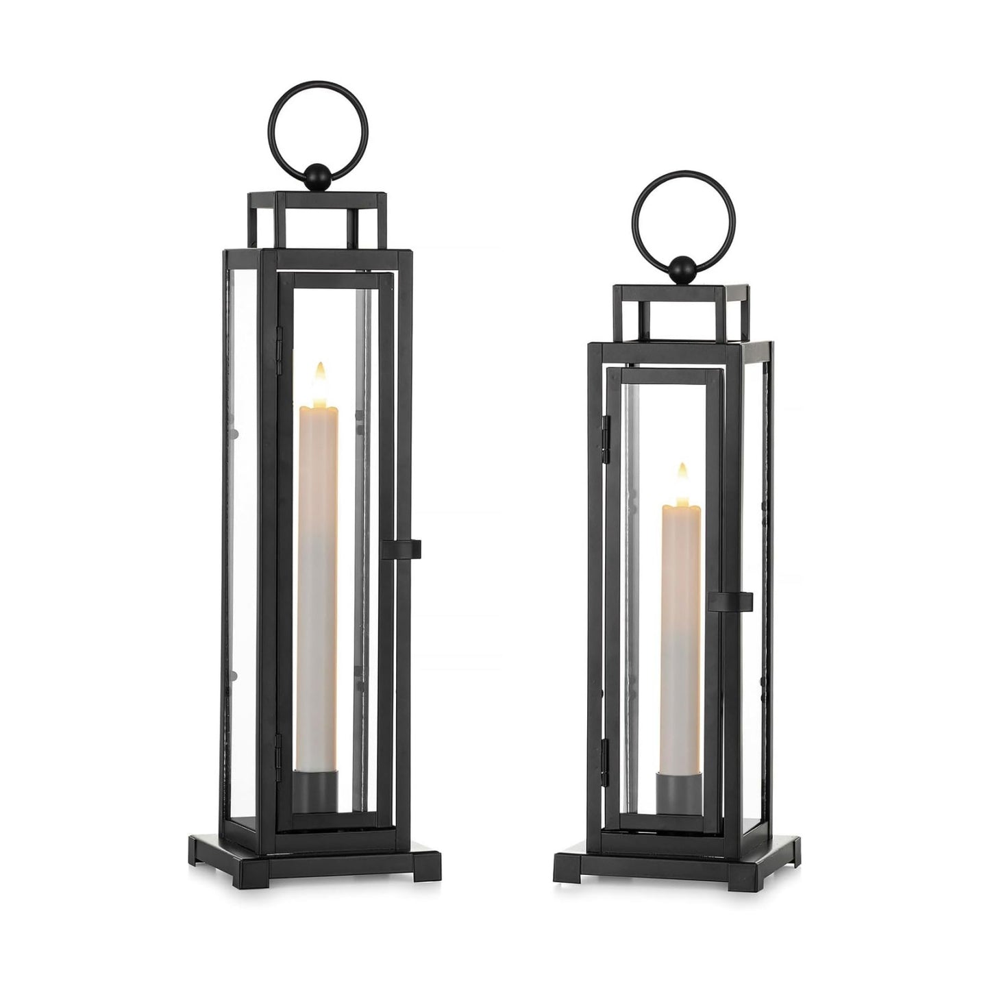 Black Lantern Decorative Indoor, with LED Taper Candles | 15" & 13", with Glass, Waterproof Outdoor Metal Lanterns, Set