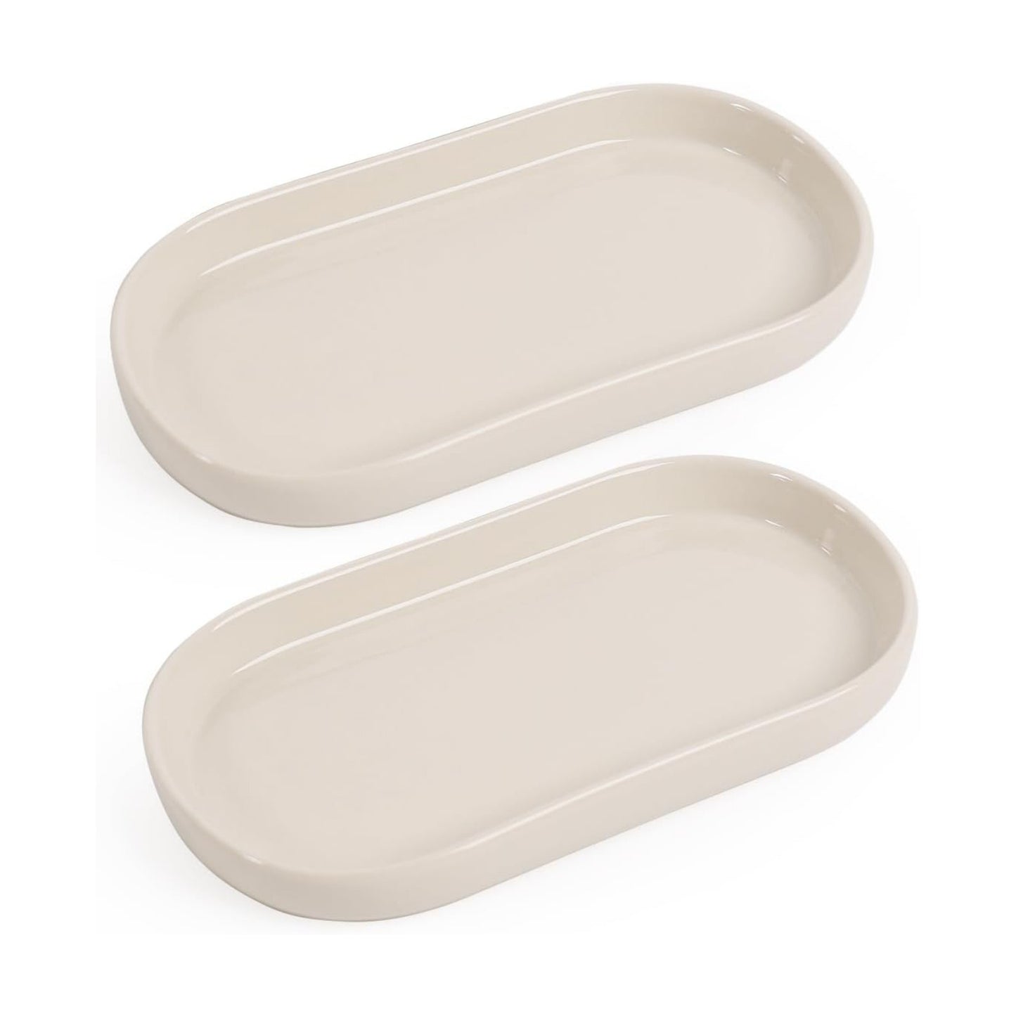 7" Ceramic Bathroom Vanity Tray Set- Bathroom Organizer Countertop Tray / Beige / Set of 2
