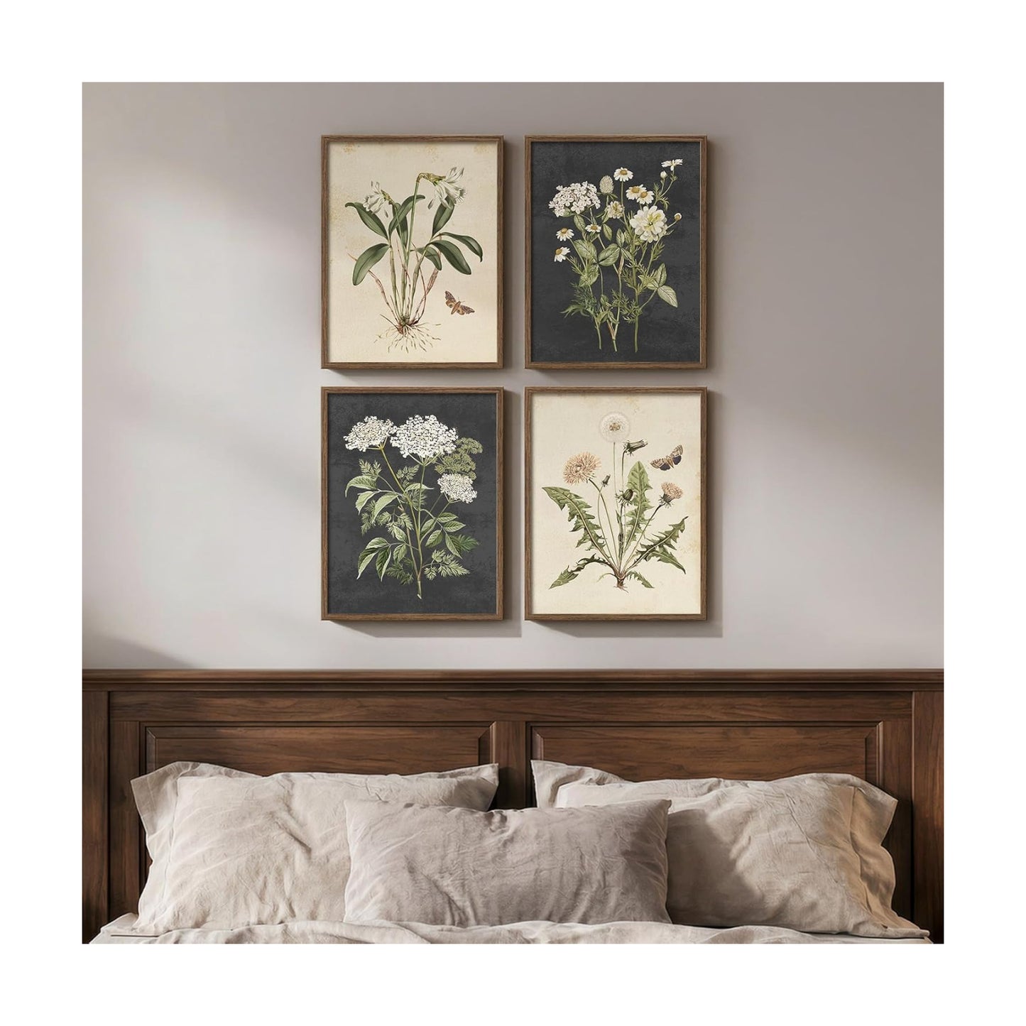 Neutral Flower / 11" W x 14" H x / Vintage - Walnut Framed / Set of 4