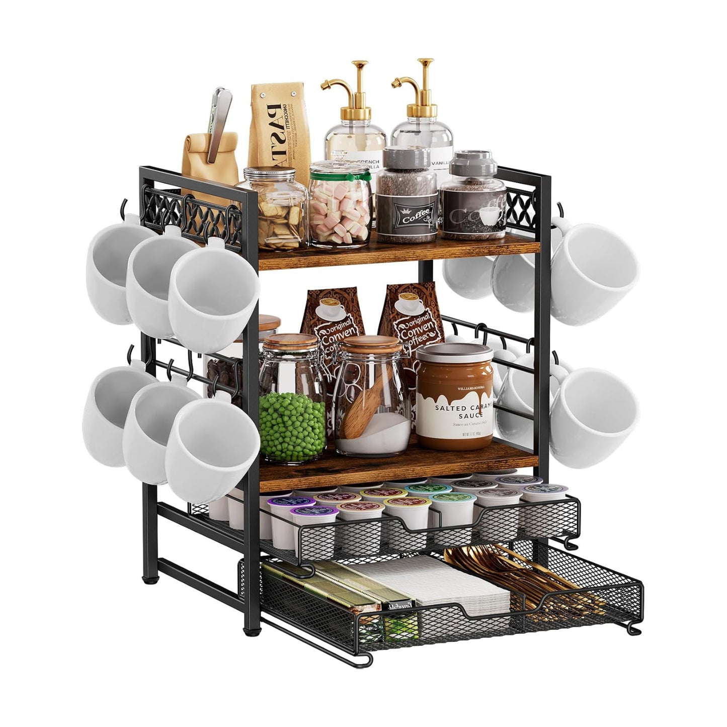 Plaviya Coffee Bar Organizer Coffee Station K Cup Holder for Countertop | 30 Coffee Pods Organizer, Mug Holder with 12