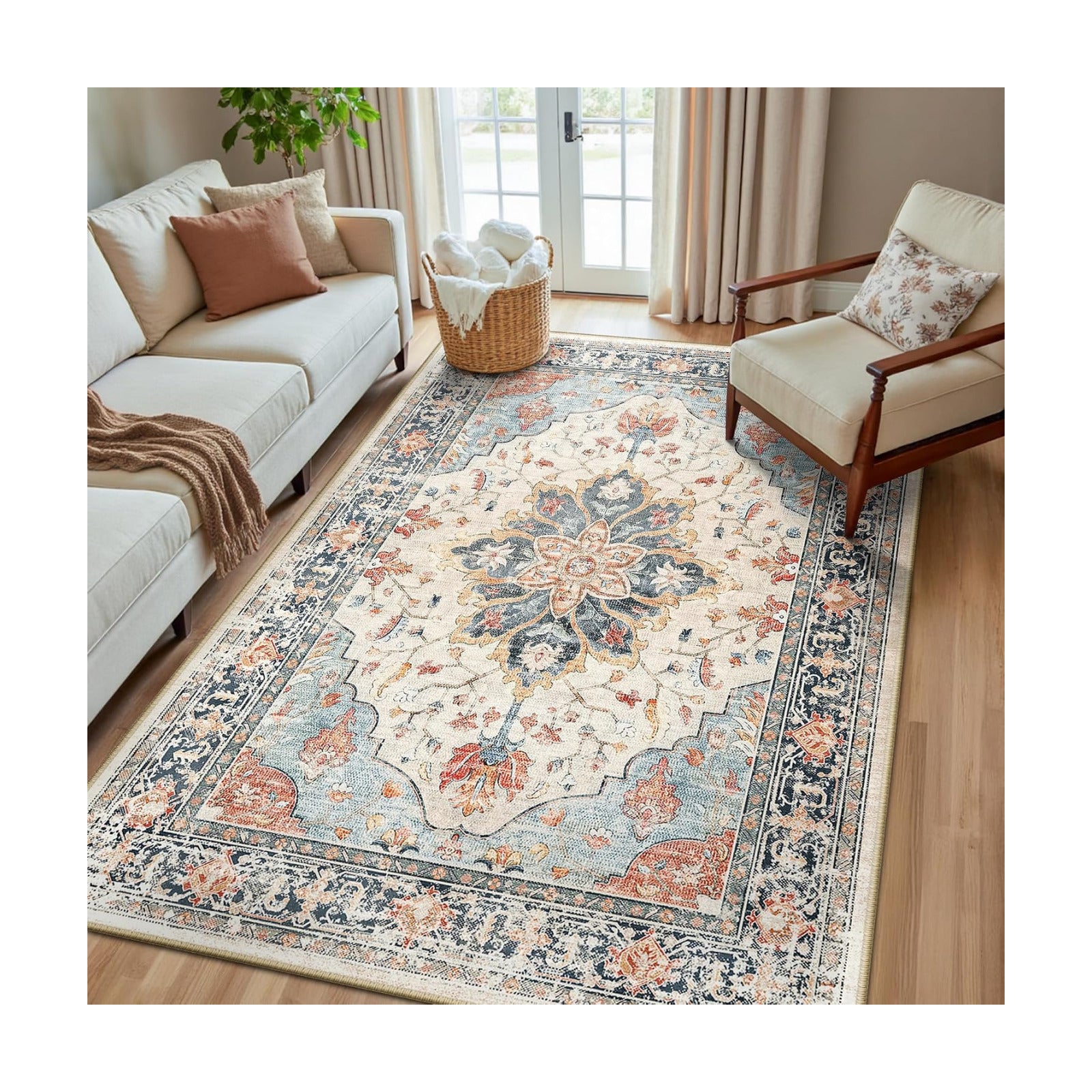 RELEANY Washable Area Rug, 5'x8', Beige/Blue/Orange