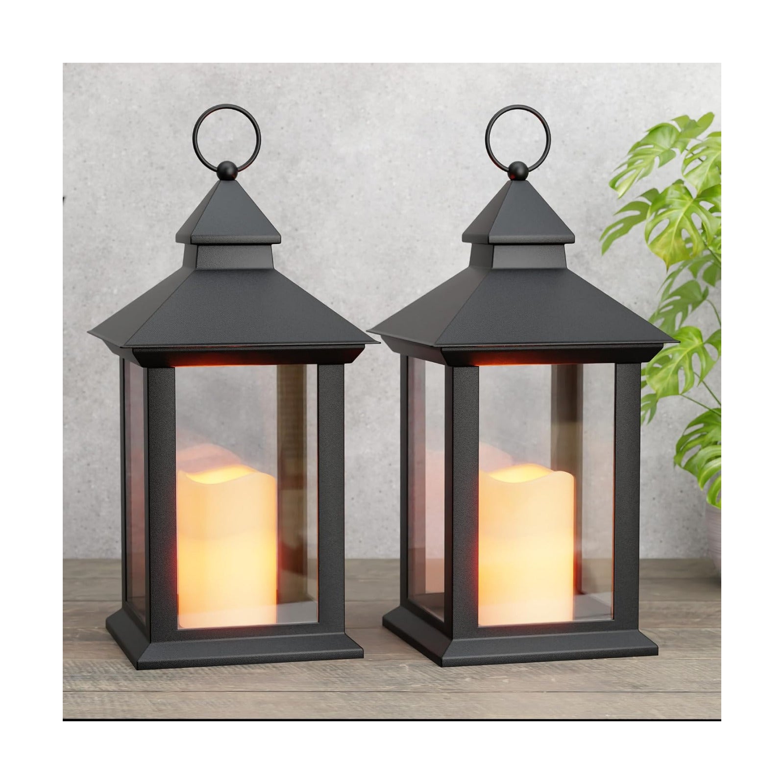 14" Lanterns Decorative Indoor/Outdoor, 2 Pack Black Lantern Decor with Timer Candle, Waterproof Battery Operated