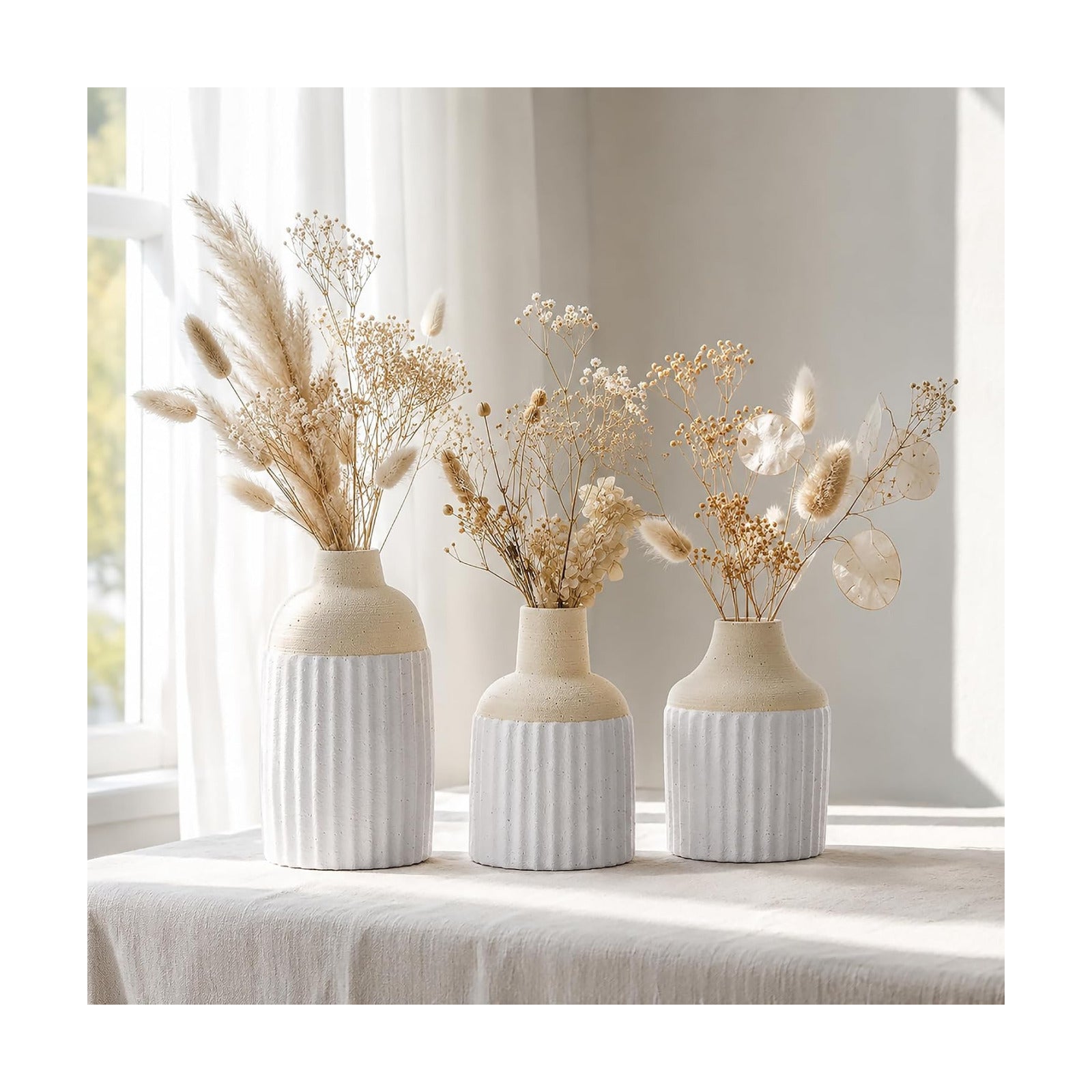 Modern Boho Style Ribbed Ceramic Bud Vases for Flowers / Beige White / Set of 3