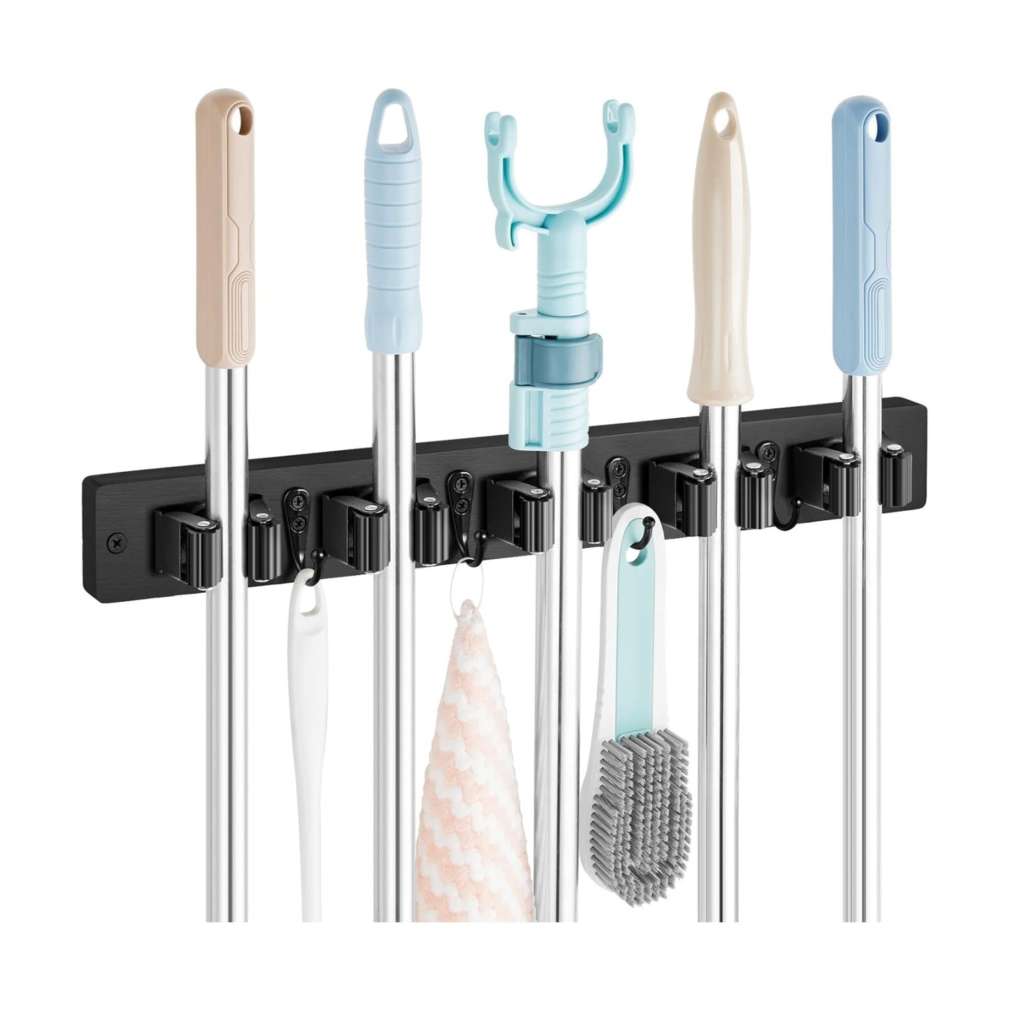 OUTNILI Mop and Broom Holder Wall Mount - Black Broom Mop Hanger - Wall Mounted Garden Tool Rack Organizer for Closet