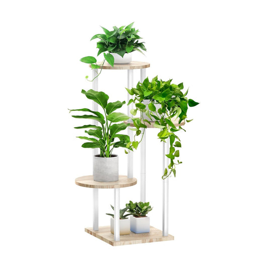 4 Tier White Metal Wooden Tall Plant Stand Indoor Shelf Flower Pot Holder for Multiple Plants, Corner Display Rack for