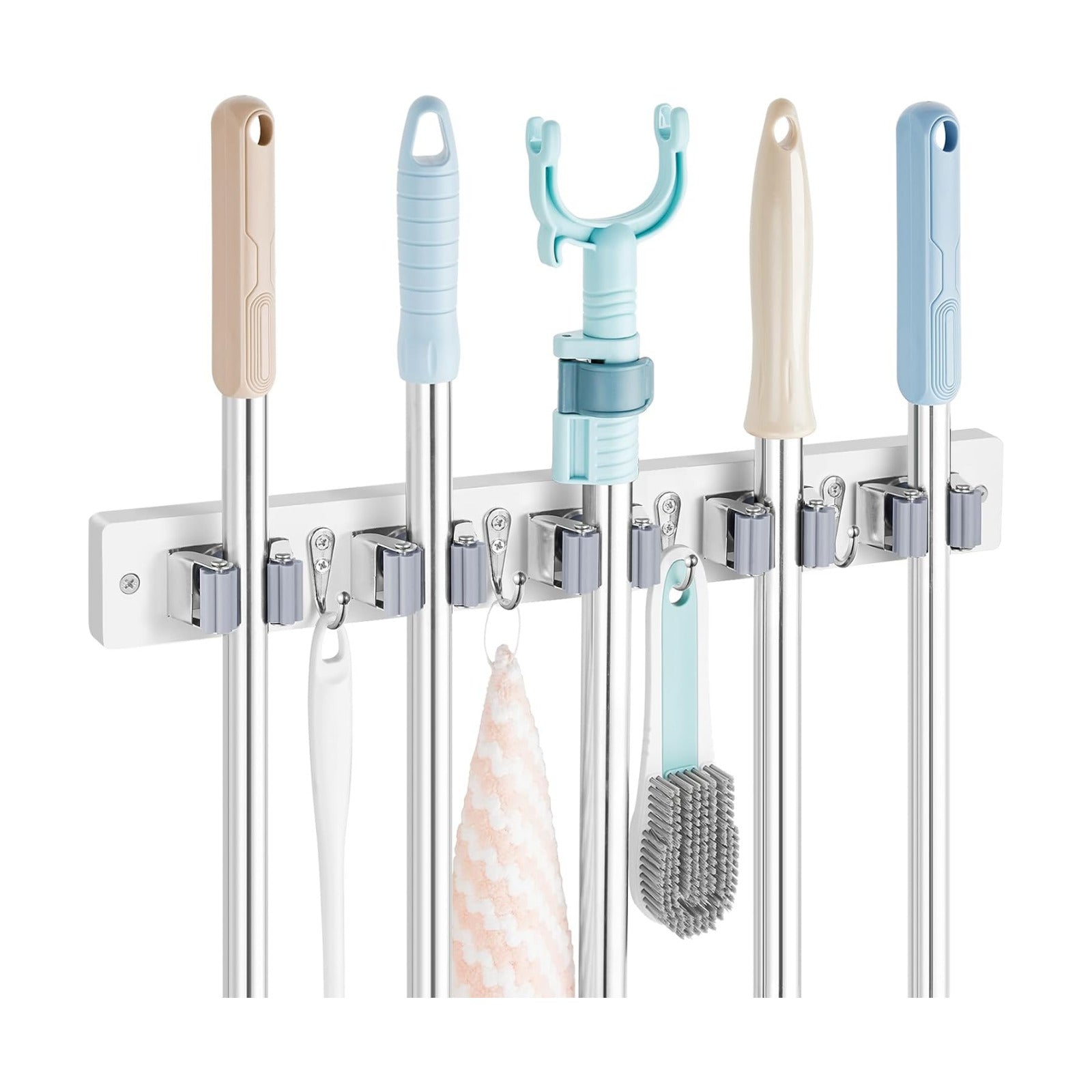 OUTNILI Mop and Broom Holder Wall Mount - White Broom Mop Hanger - Wall Mounted Garden Tool Rack Organizer for Closet