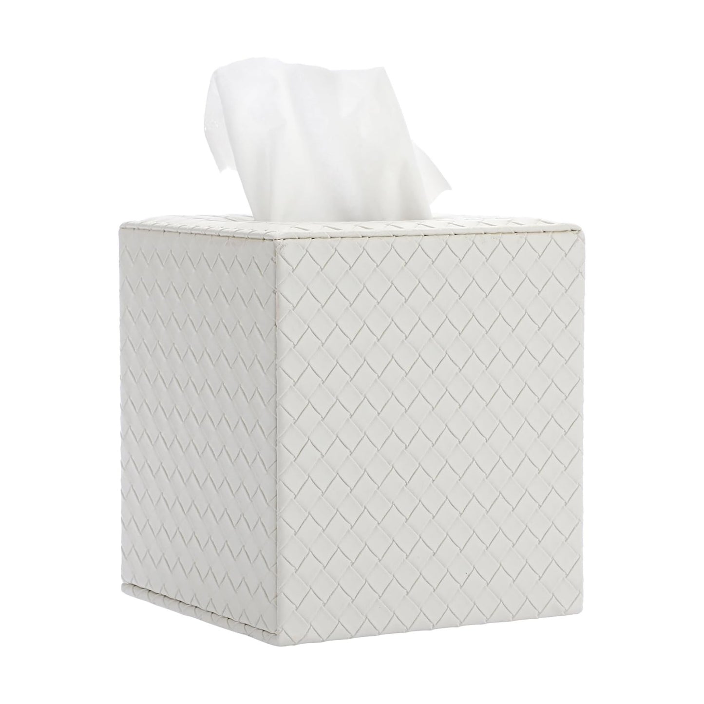 Tissue Box Cover Square Tissue Box Stylish PU Woven Lozenge Pattern Tissue Box Holder / White