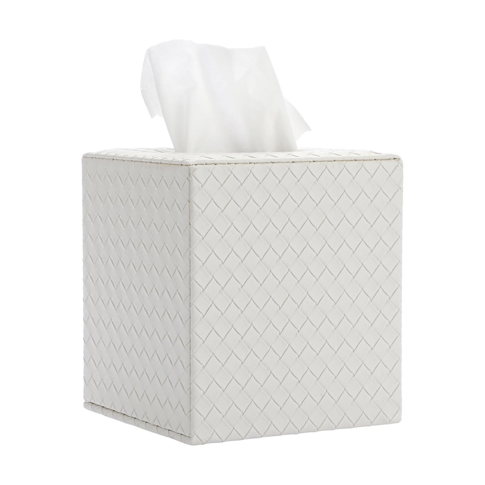 Tissue Box Cover Square Tissue Box Stylish PU Woven Lozenge Pattern Tissue Box Holder / White