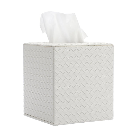 Tissue Box Cover Square Tissue Box Stylish PU Woven Lozenge Pattern Tissue Box Holder / White