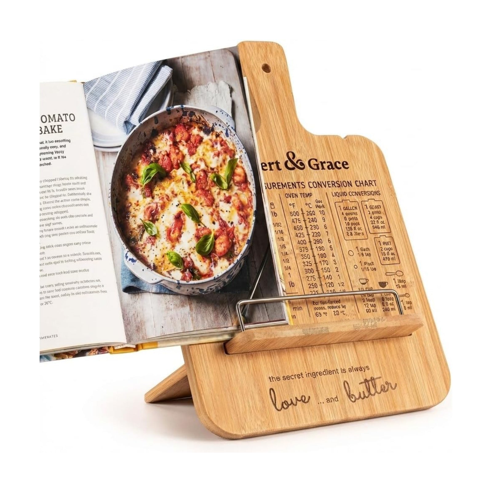 Albert&Grace Adjustable Bamboo Cookbook Stand with Conversion Chart | Recipe Book Holder for Kitchen Counter, Large