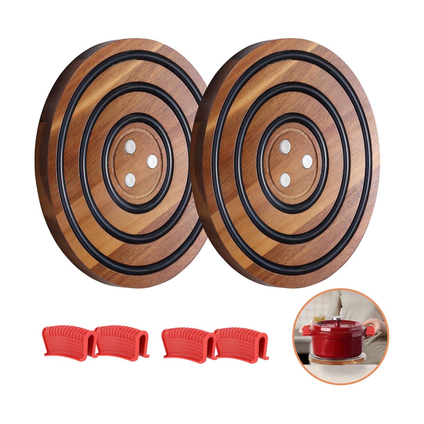 2 Pcs Magnetic Wooden Trivets, Acacia Wood with Black Silicone Rings, Magnetic Pot Holder for Le Creuset Enameled Cast
