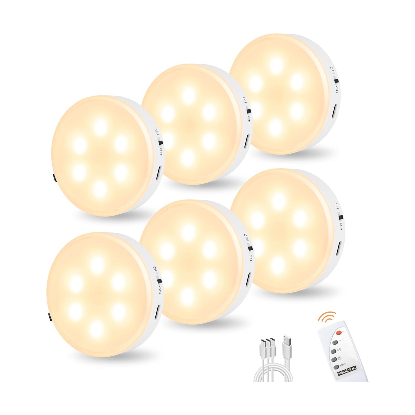 Puck Lights with Remote Control,Under Cabinet Lighting,Warm White,6 pcs | Stick On Lights,Magnetic,Cordless,1200mAh