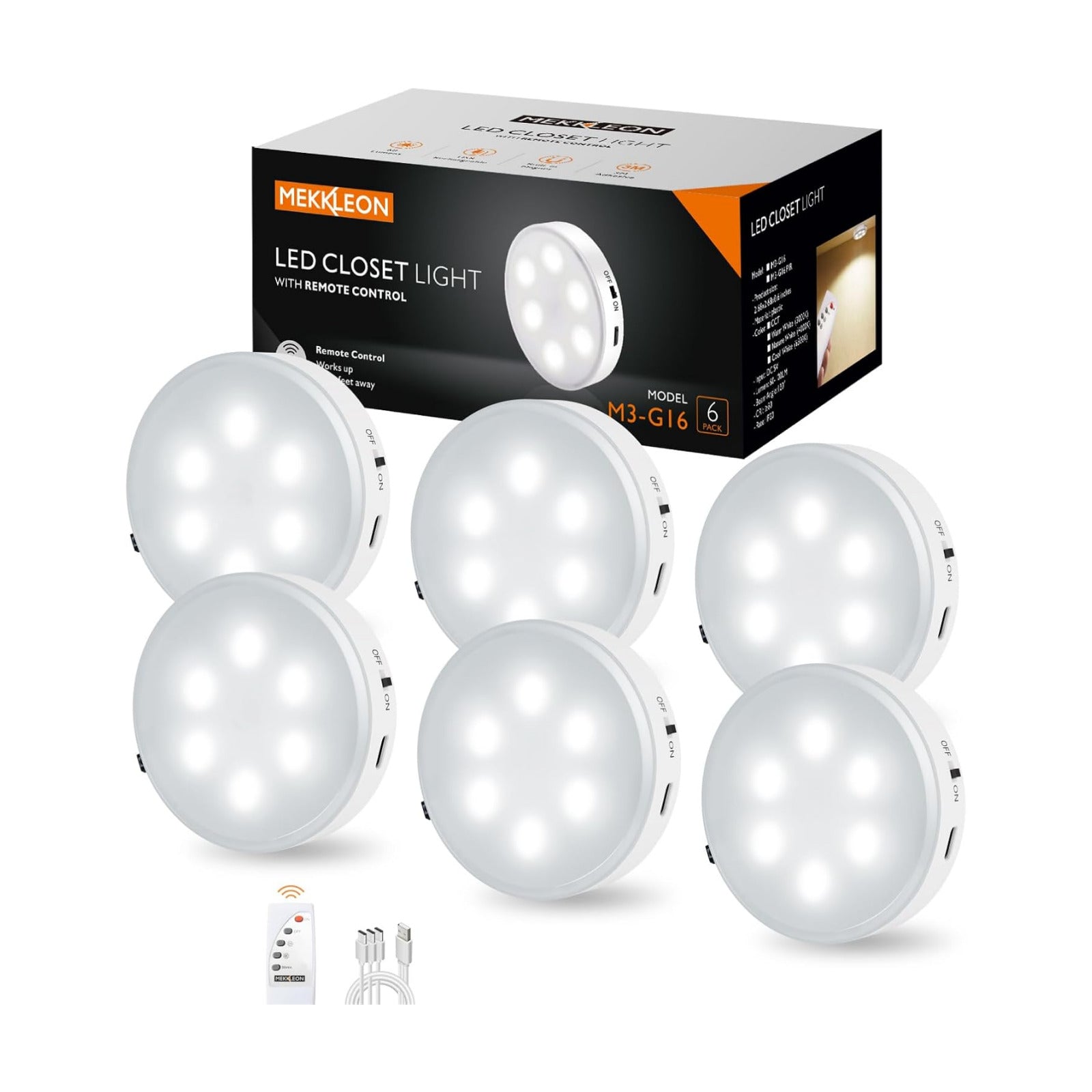 Puck Lights with Remote Control,Under Cabinet Lighting,Cool White,6 pcs | Stick On Lights,Magnetic,Cordless,1200mAh