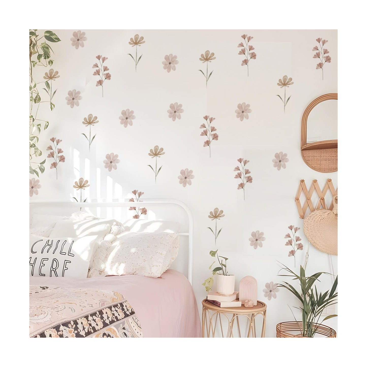 Boho Flower Stickers for Girls' Rooms / Boho Daisy-pink B / 12 Sheets / Set of 84