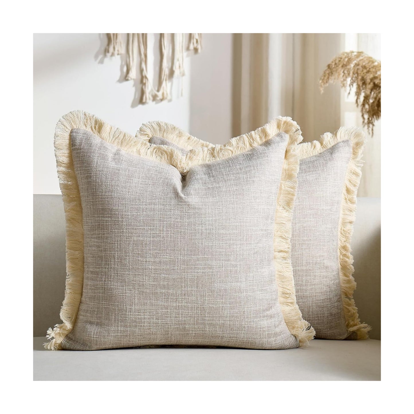 Faux Linen Fringe Decorative Throw Pillow Covers Burlap Boho Farmhouse / Beige / 18 x 18 / Set of 2