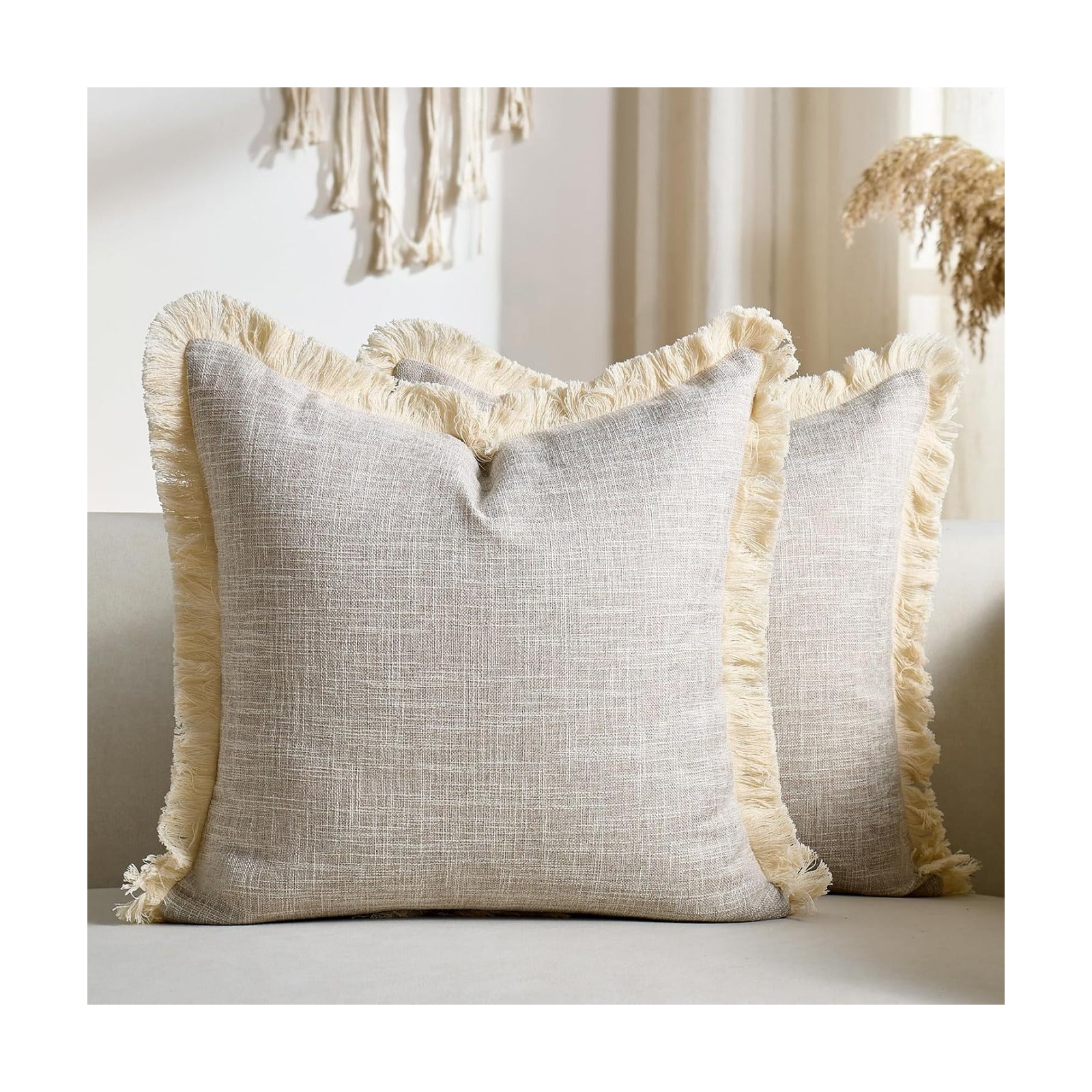 Faux Linen Fringe Decorative Throw Pillow Covers Burlap Boho Farmhouse / Beige / 18 x 18 / Set of 2