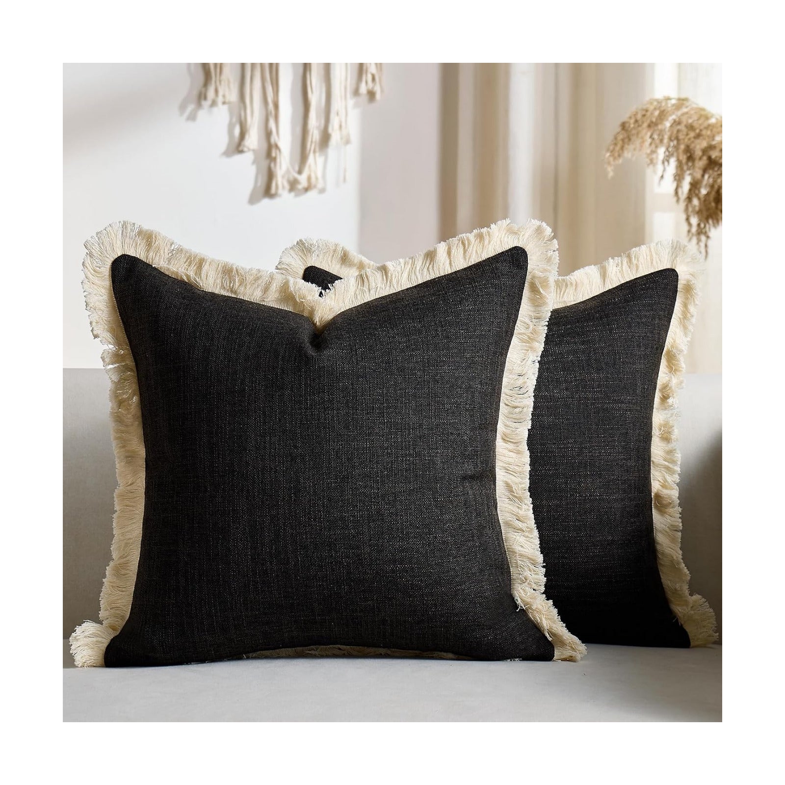 Fringe Farmhouse Rustic Decorative Pillows Case / Black / 18 x 18 / Set of 2