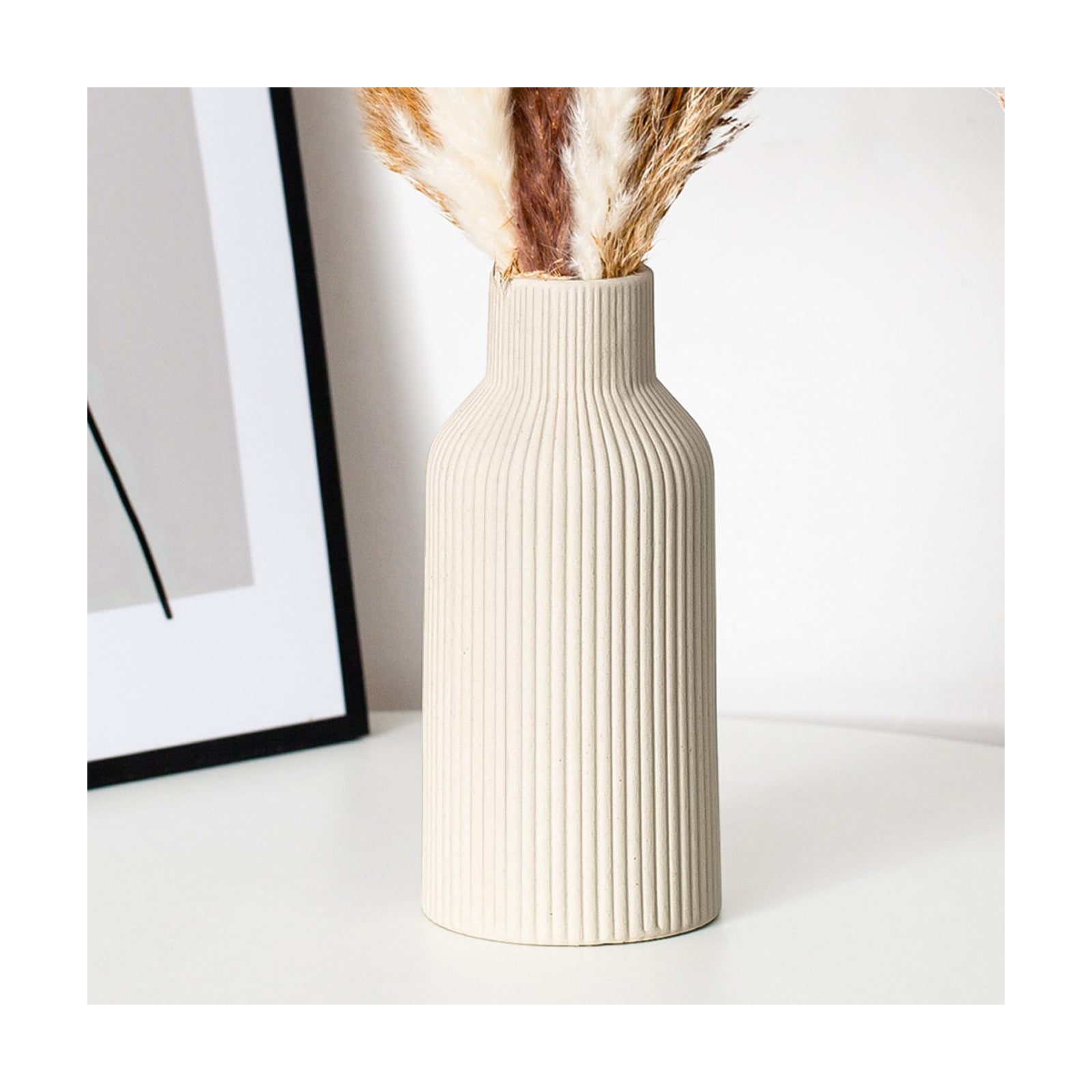 Bohemian Ceramic Vase / Beige / 7in