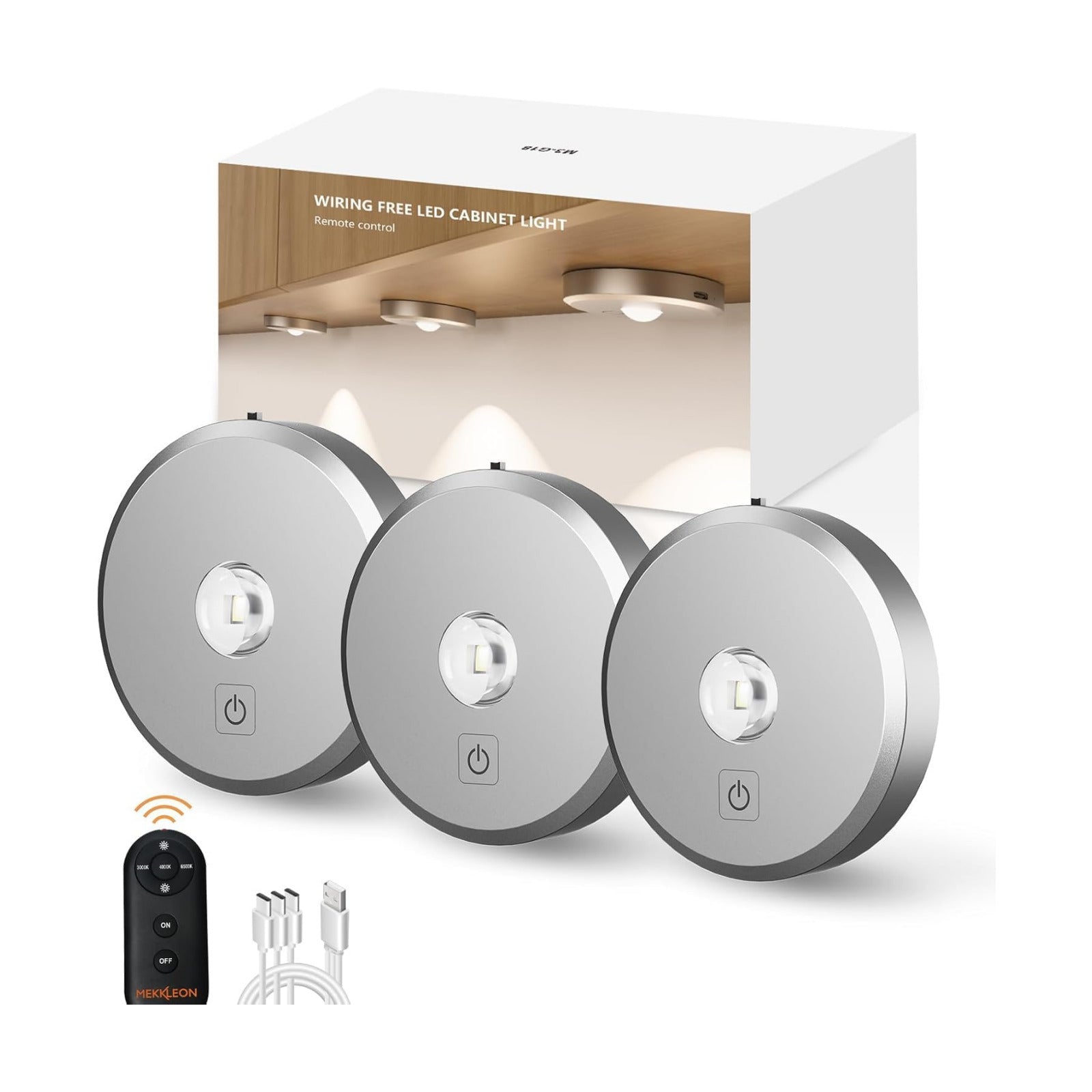 Puck Lights with Remote Control,Under Cabinet Lighting,Silver,3PCS | 2200mAh Rechargeable Push Light,3 Color