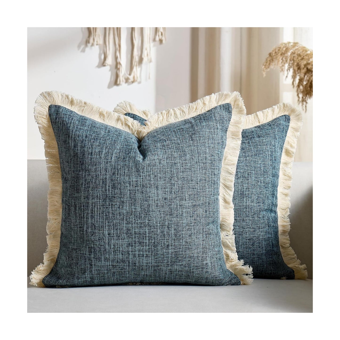 Faux Linen Decorative Pillow Coves Boho Farmhouse Throw Pillowcases / Blue / 18 x 18 / Set of 2