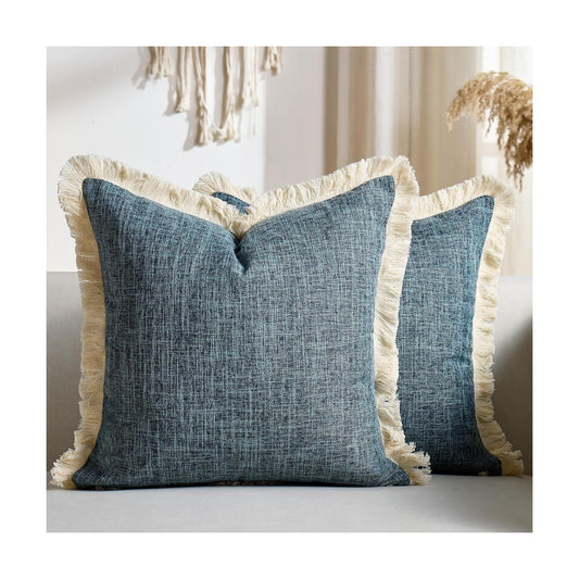 Faux Linen Decorative Pillow Coves Boho Farmhouse Throw Pillowcases / Blue / 18 x 18 / Set of 2