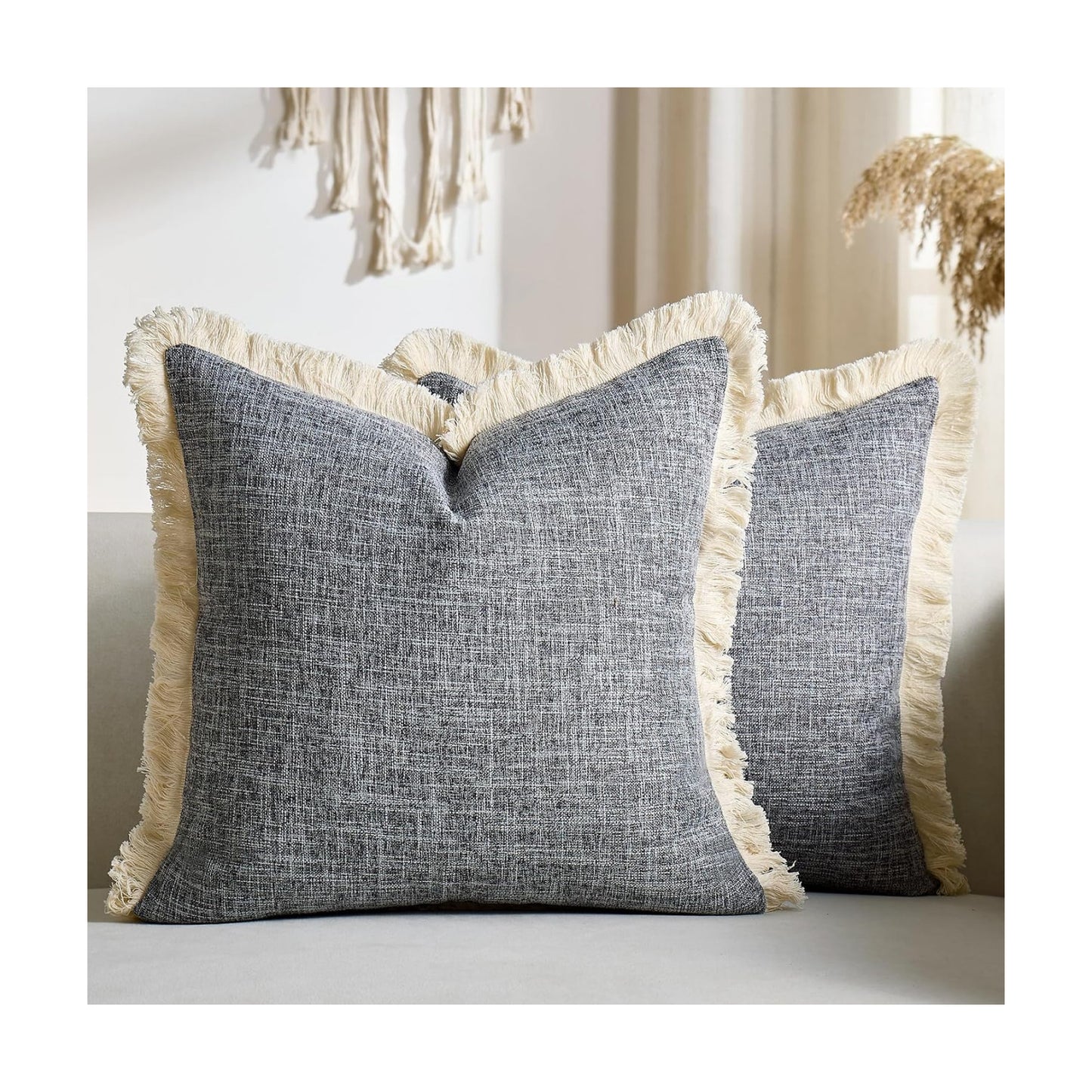 Farmhouse Throw Pillow Covers Fringe Pillow Cases Linen Burlap Boho / Dark Grey / 18 x 18 / Set of 2