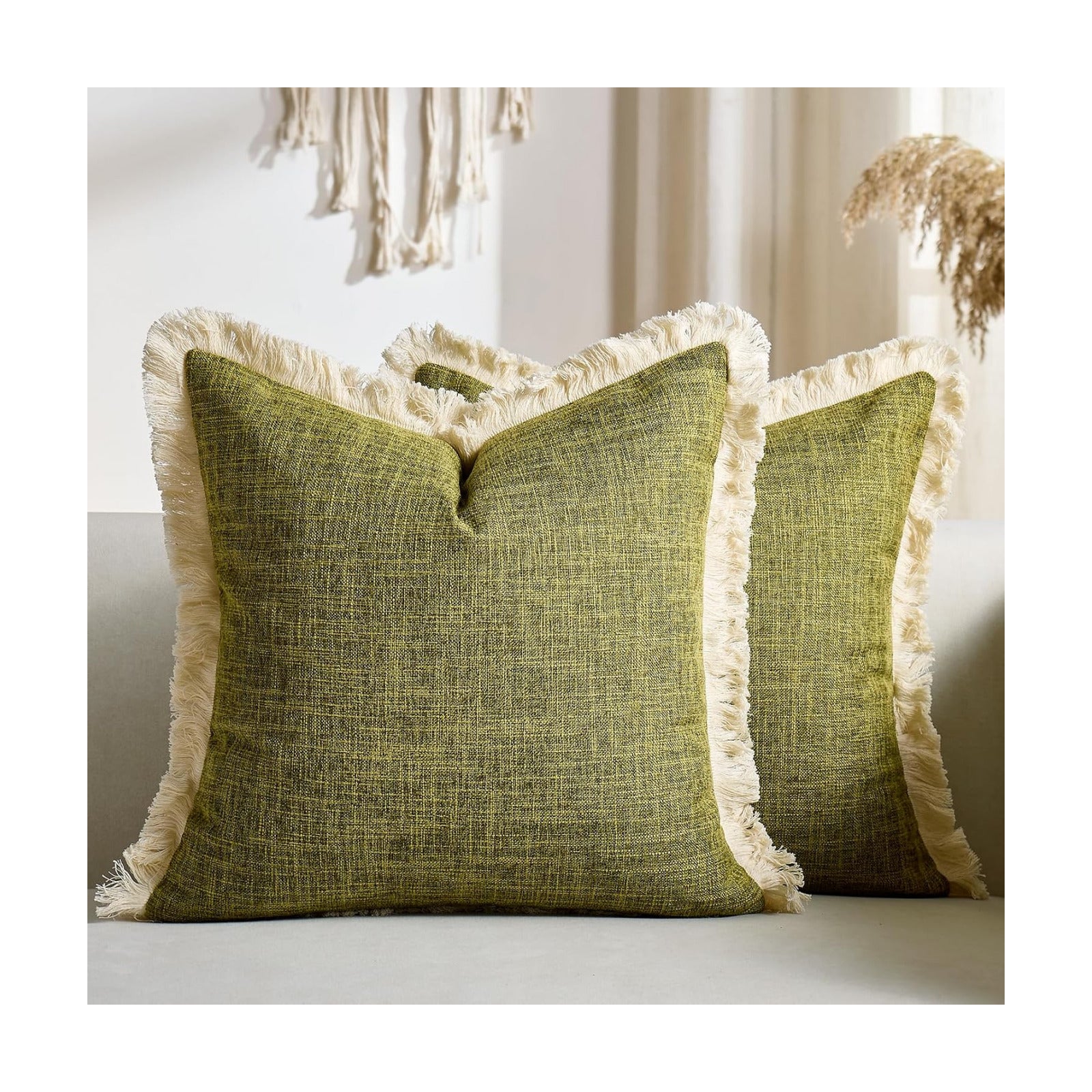 Faux Linen Throw Pillow Covers / Green / 18 x 18 / Set of 2