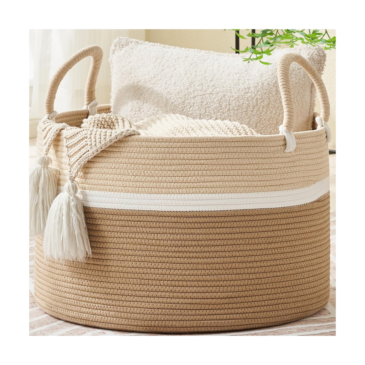 KAKAMAY Large Blanket Basket with Handles, Storage Basket for Living Room