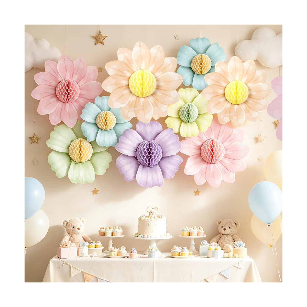 Paper Jazz 9PCS Paper Flowers Party Decorations,Pastel Honeycomb Butterfly Party Decoration,Fairy Birthday Party Decoration for Garden Tea Party Floral Baby Shower.