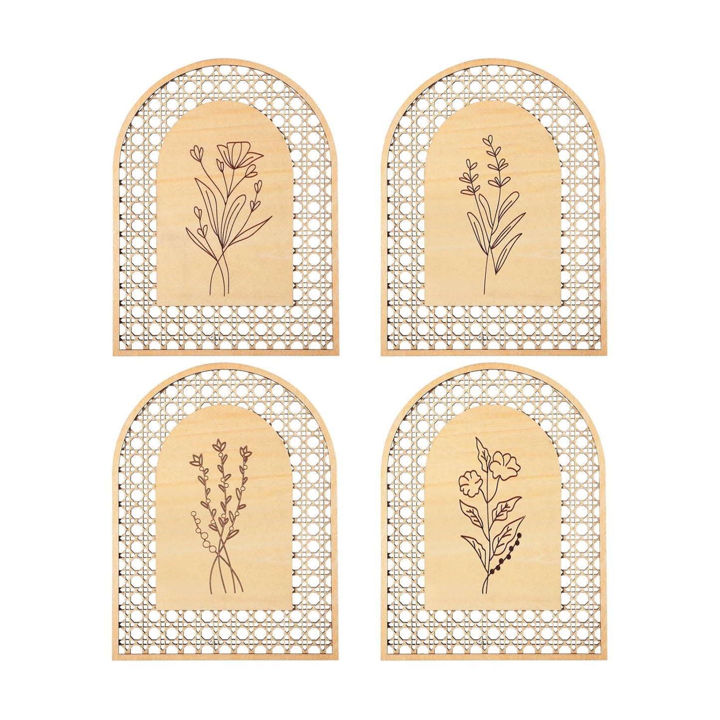 Rattan Wooden Boho Wall Decor Floral Room Wall Art Aesthetic Nursery Farmhouse / Natural / Set of 4