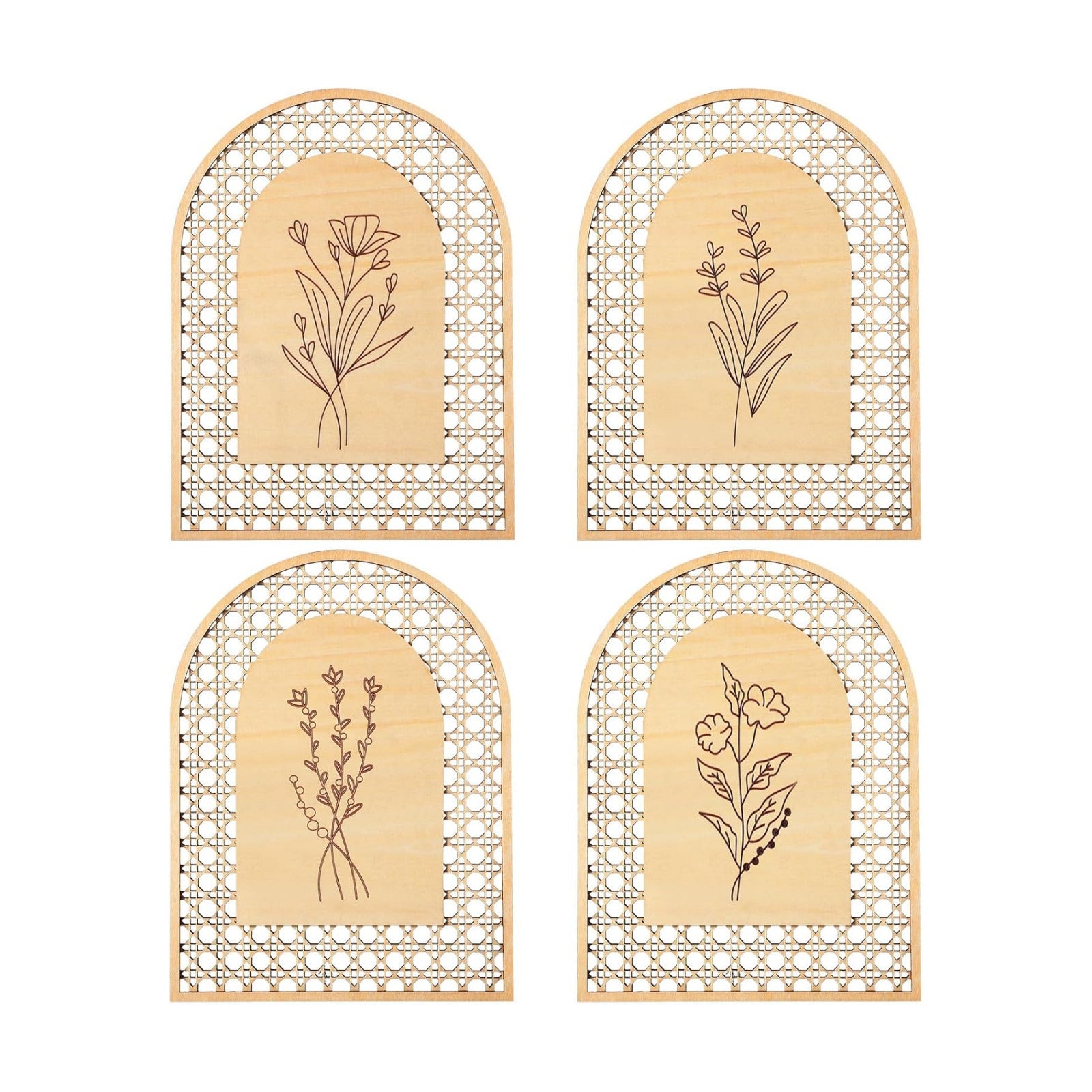 Rattan Wooden Boho Wall Decor Floral Room Wall Art Aesthetic Nursery Farmhouse / Natural / Set of 4