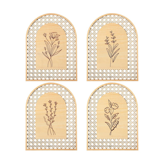 Rattan Wooden Boho Wall Decor Floral Room Wall Art Aesthetic Nursery Farmhouse / Natural / Set of 4