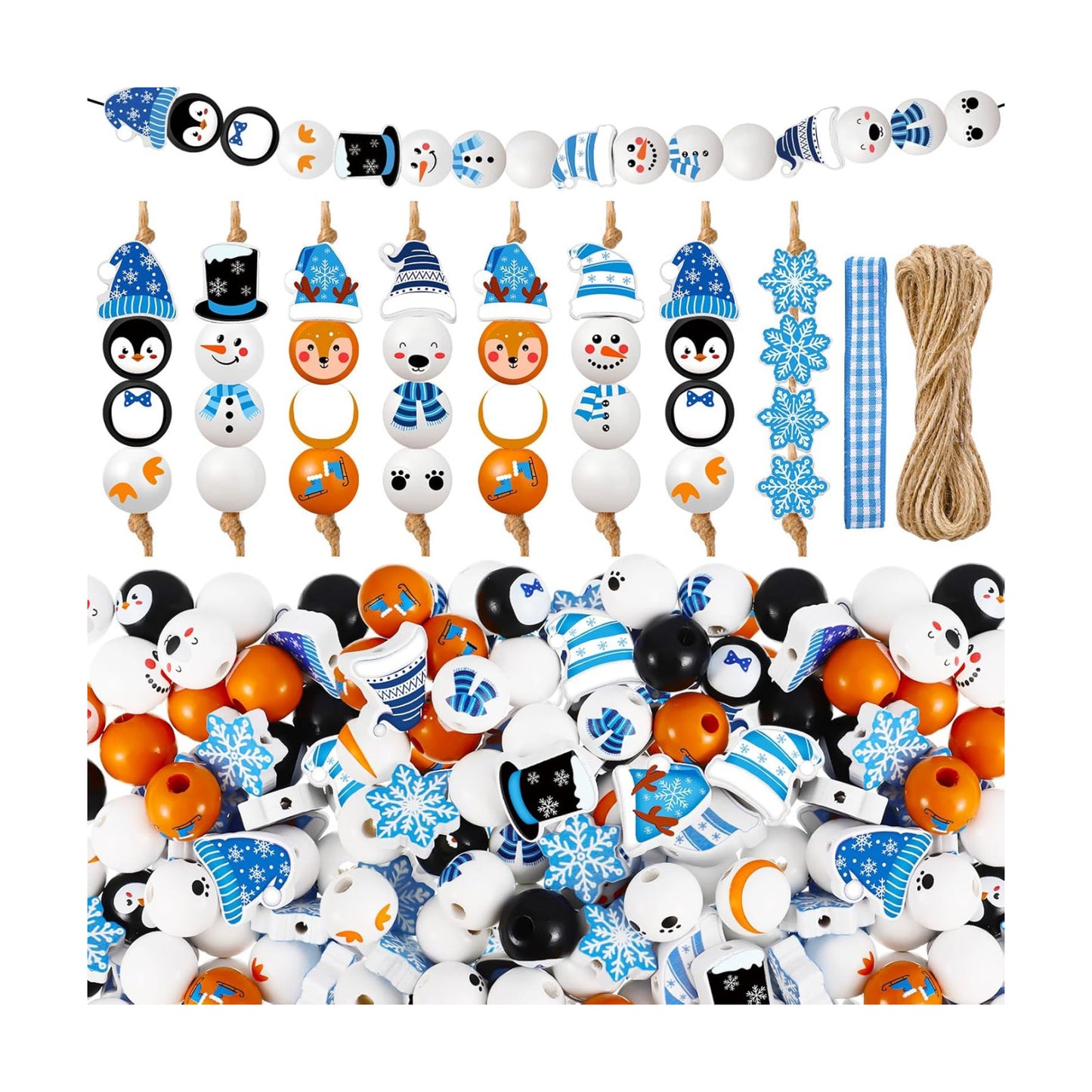Twine Snowman Gingerbread Man Nutcracker Wooden Bead Garland / Set of 240