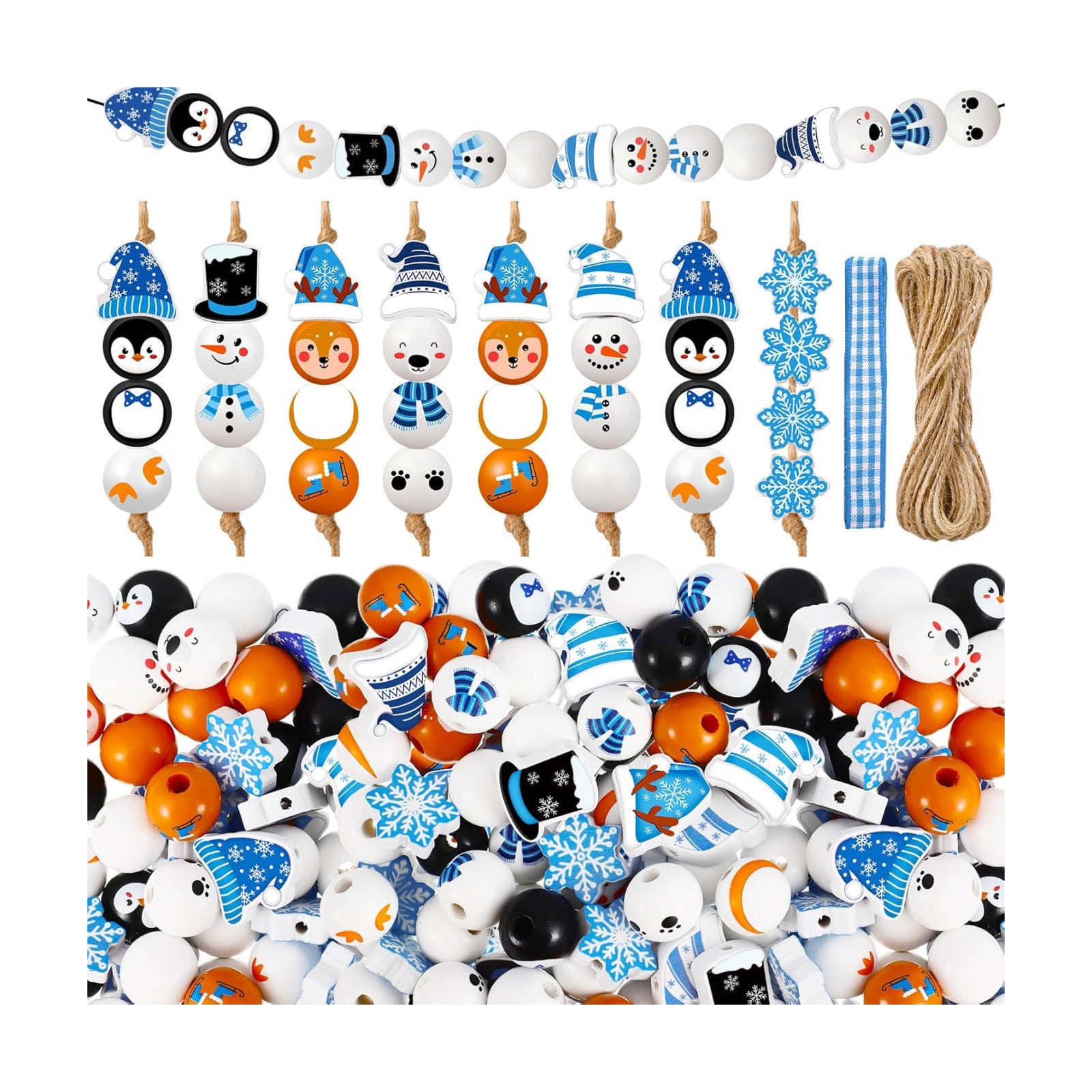 Twine Snowman Gingerbread Man Nutcracker Wooden Bead Garland / Set of 240