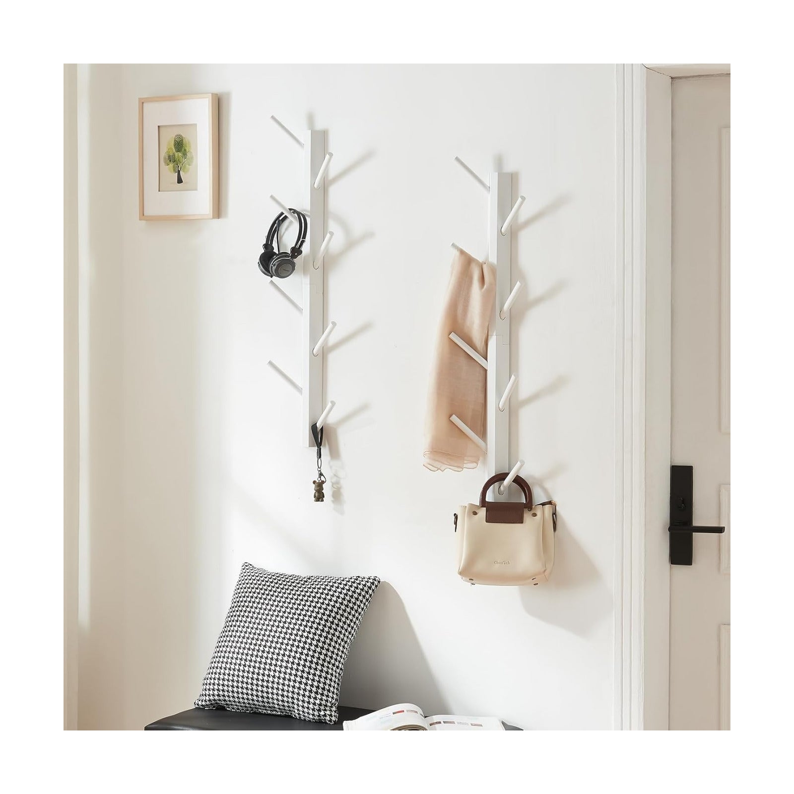 2-Pack Vertical Wall Mount Coat Rack for Clothes and Hats, White | Bamboo construction, 16 polished hooks, max 50 lbs