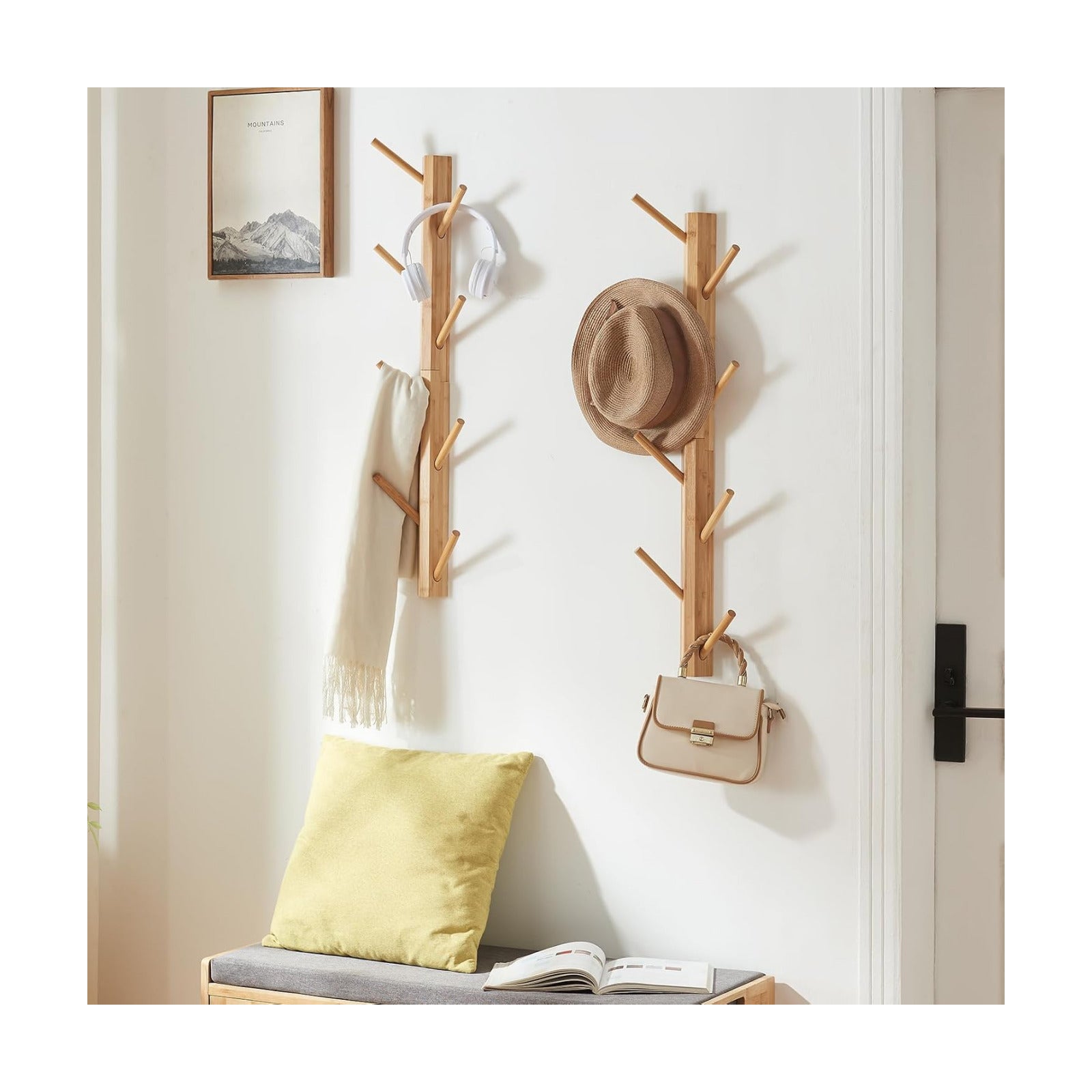2-Pack Vertical Wall Mount Coat Rack for Clothes and Hats, Natural | Bamboo construction, 16 polished hooks, max 50 lbs
