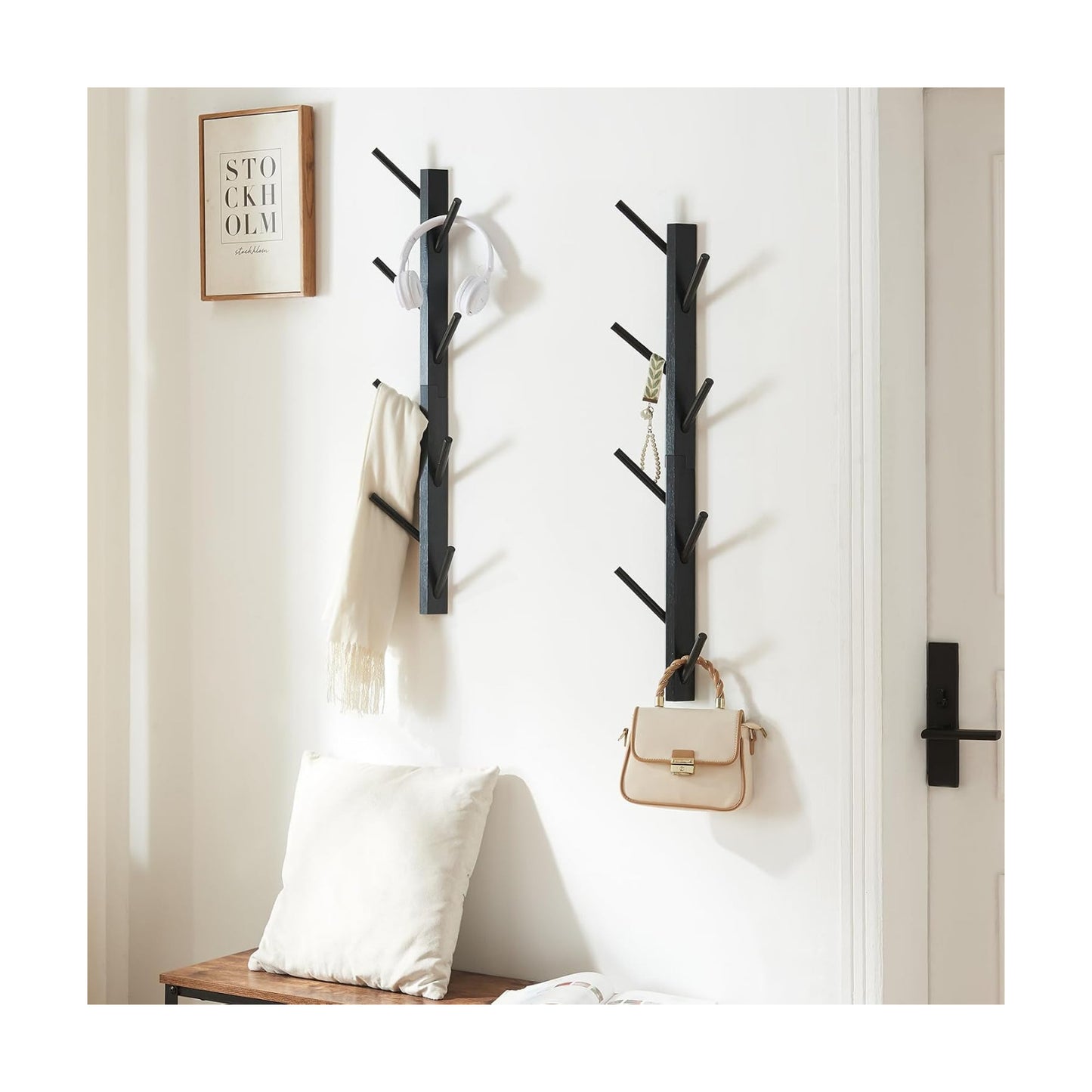 2-Pack Vertical Wall Mount Coat Rack for Clothes and Hats, Black | Bamboo construction, 16 polished hooks, max 50 lbs