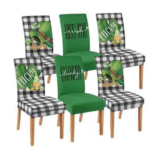St Patricks Day Chair Covers Set of 6 Shamrock Gnome Dining Chair Seat Cover Stretch Removable Green Chair Slipcover Protector for St Patrick's Dining Room Kitchen Home Decor