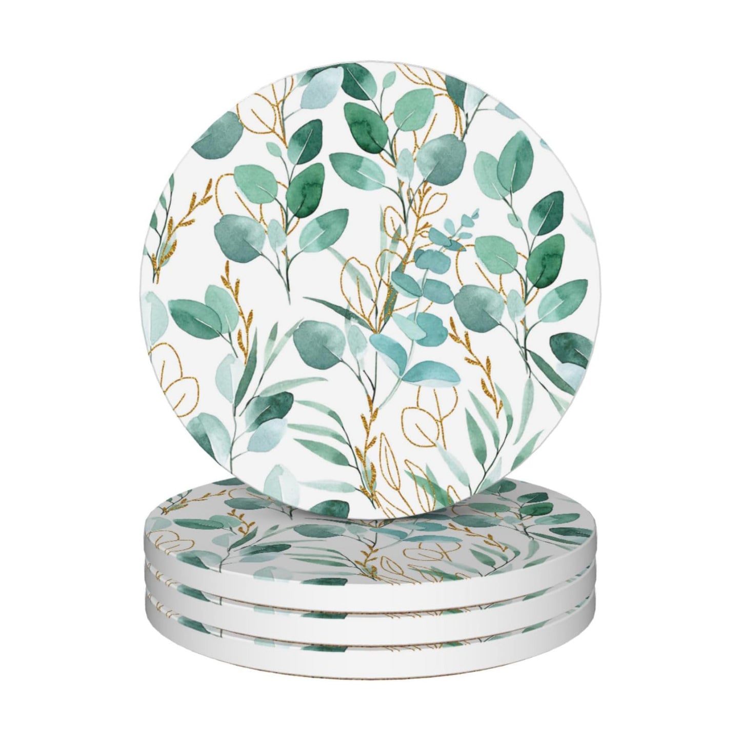 Absorbent Ceramic Stone Coasters / Sage Green Plants / Set of 4