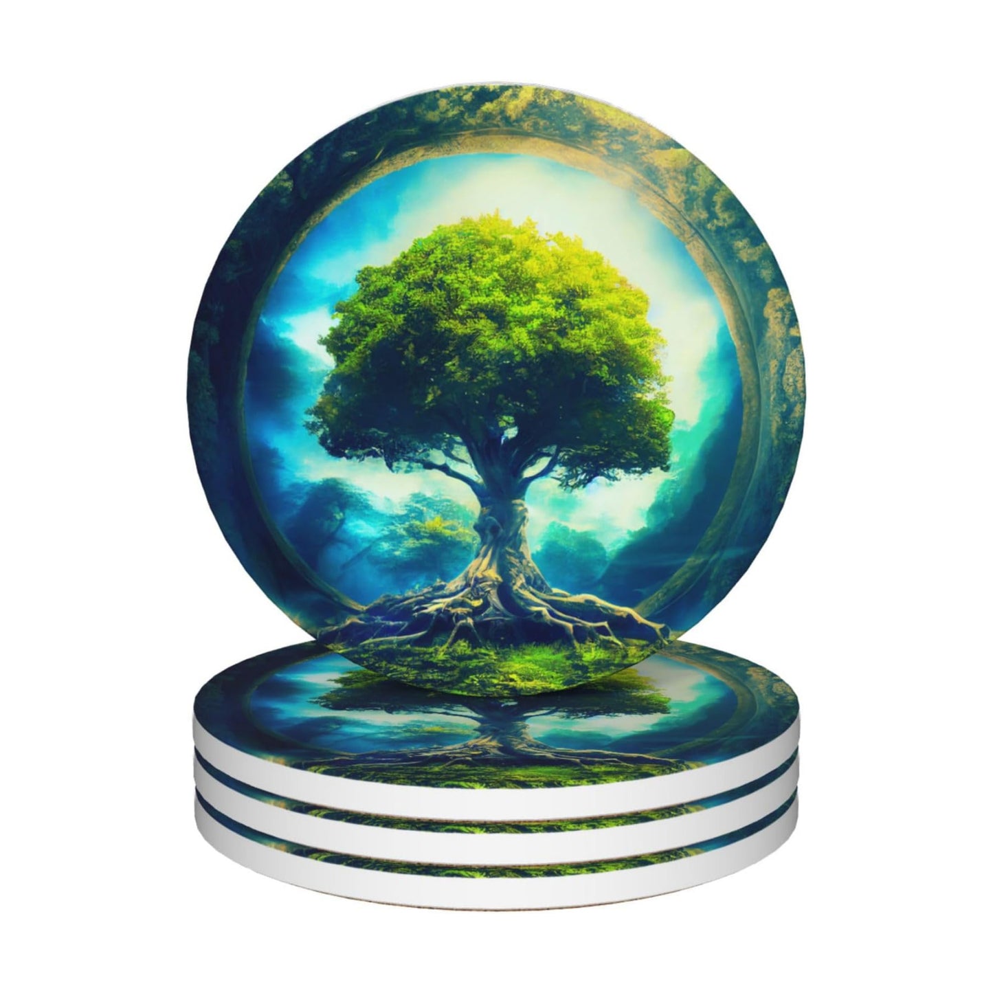 Magic Round 4" Ceramic & Cork Coasters / Tree / Green / Set of 4