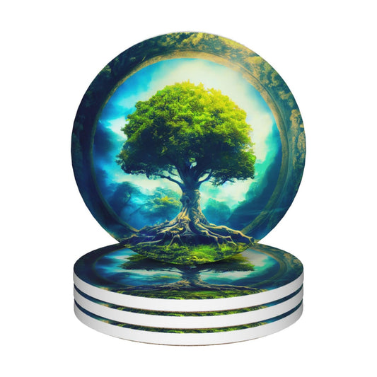 Magic Round 4" Ceramic & Cork Coasters / Tree / Green / Set of 4