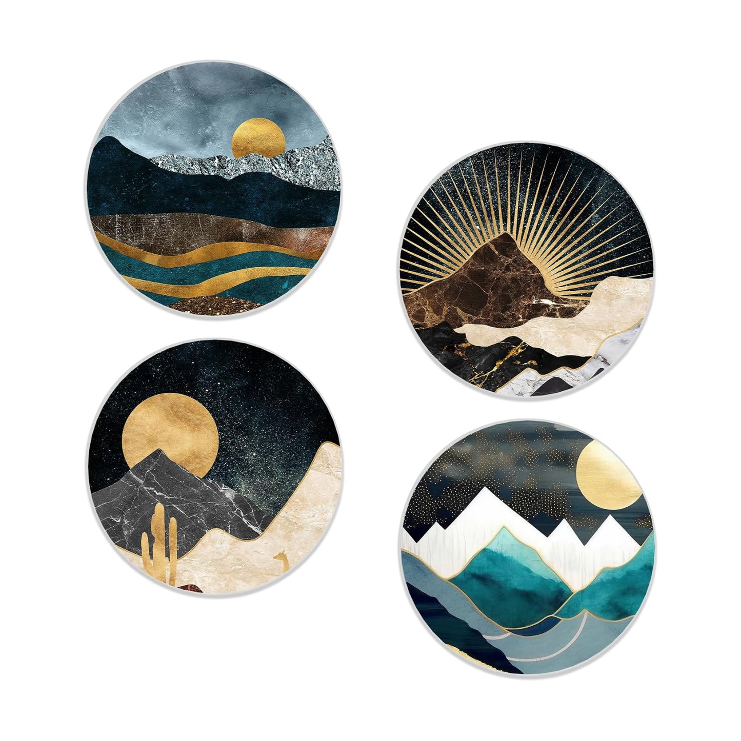 Absorbent Ceramic Stone Coasters / Golden Mountain Moon / Set of 4