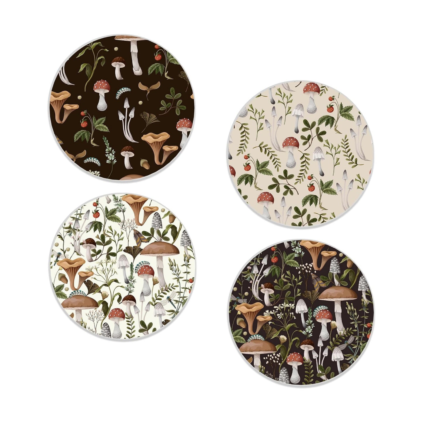 Round 4" Ceramic & Cork Coasters / Mushroom Weeds / Set of 4