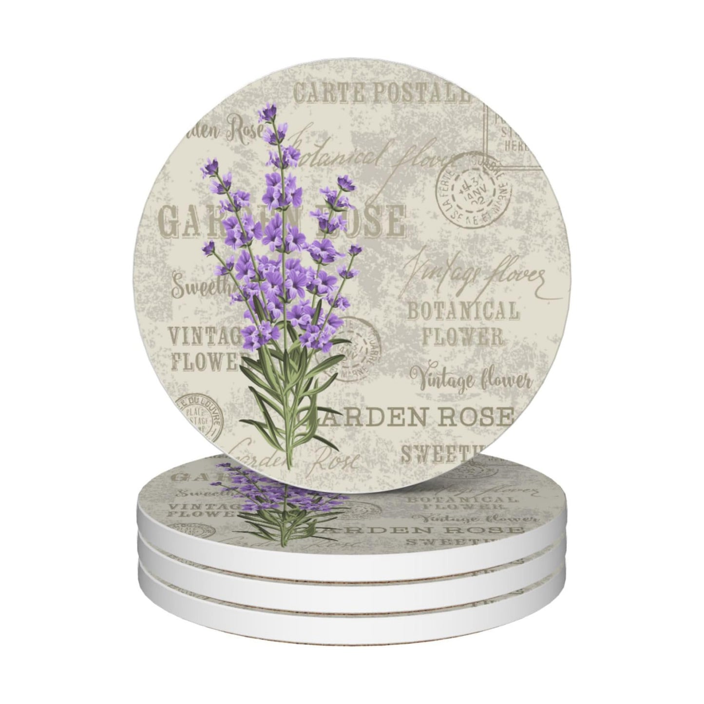 Vintage Round 4" Cup Coasters / Lavender Flowers / Set of 4