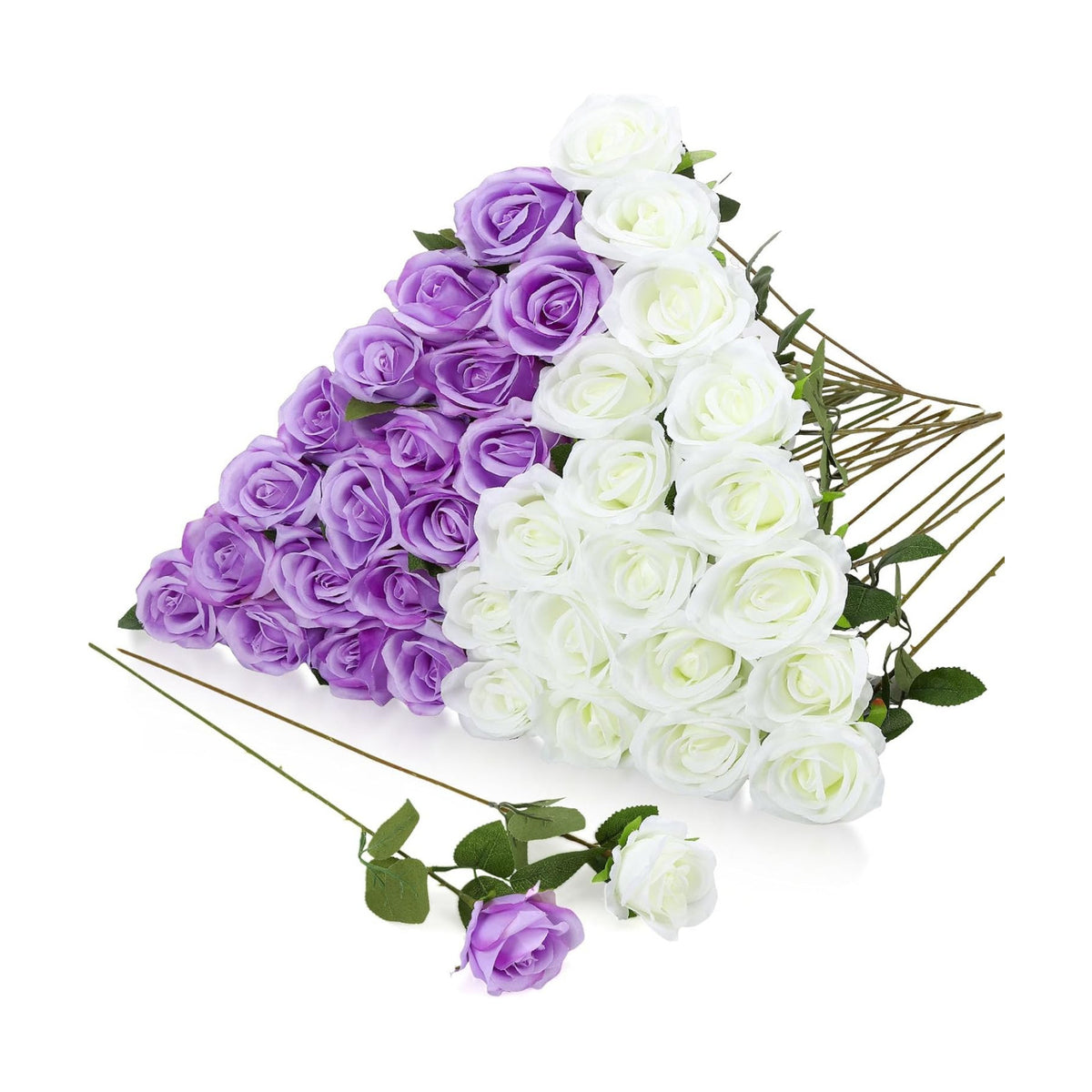 36 Pcs Silk Purple White Rose Bouquet Bridal Artificial Flowers