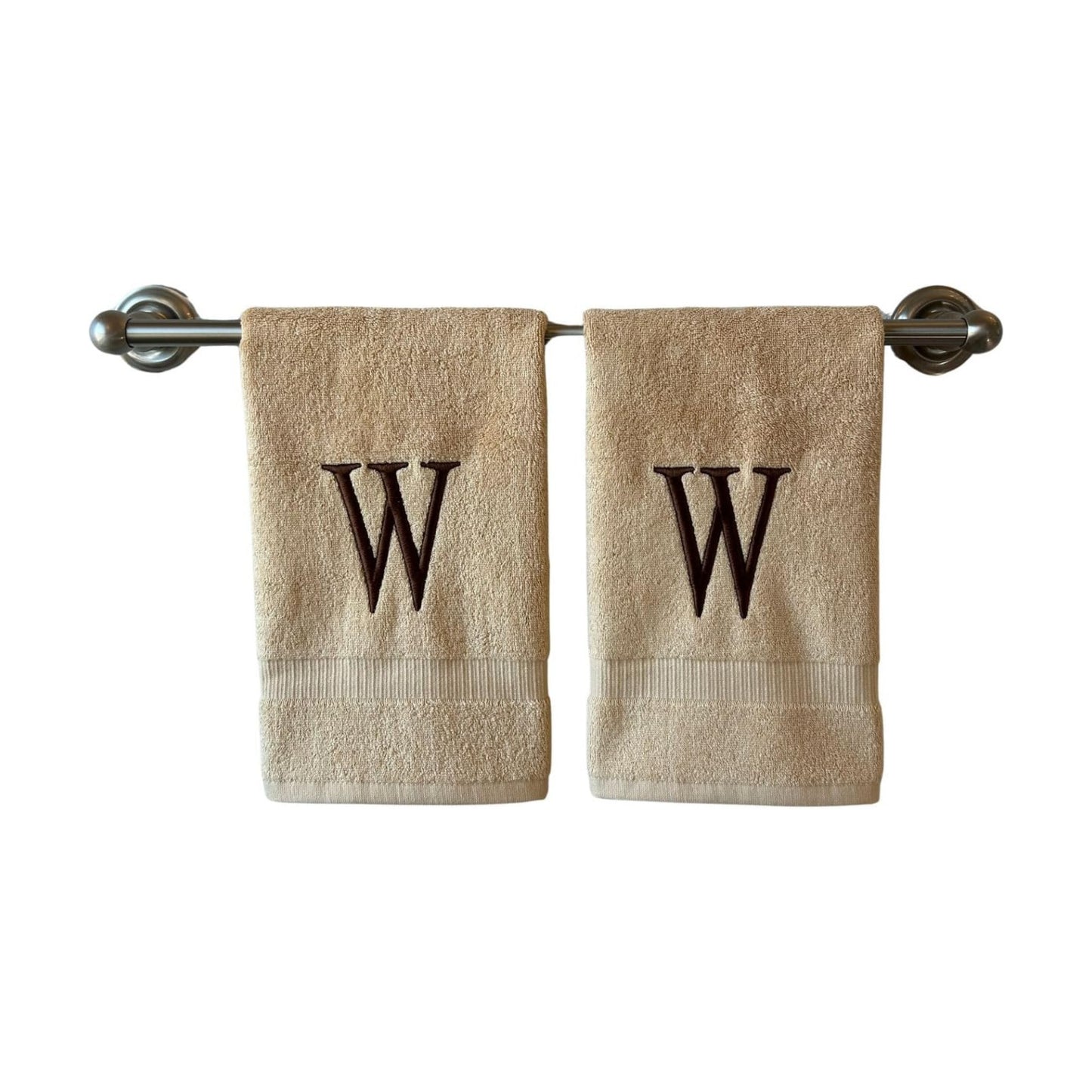 Beige with Brown Monogrammed Hand Towels for Bathroom - Set of 2 Letter W | Luxury Hotel Quality Initial Towels For