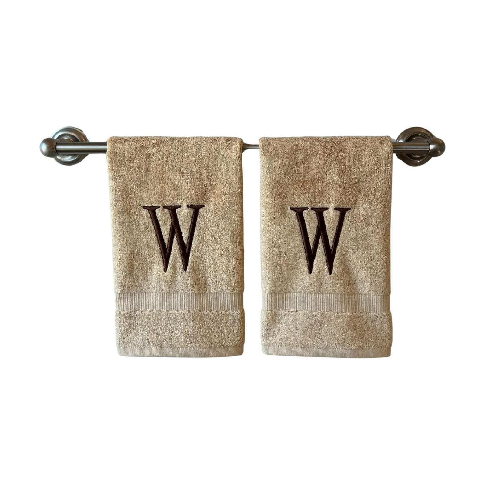 Beige with Brown Monogrammed Hand Towels for Bathroom - Set of 2 Letter W | Luxury Hotel Quality Initial Towels For