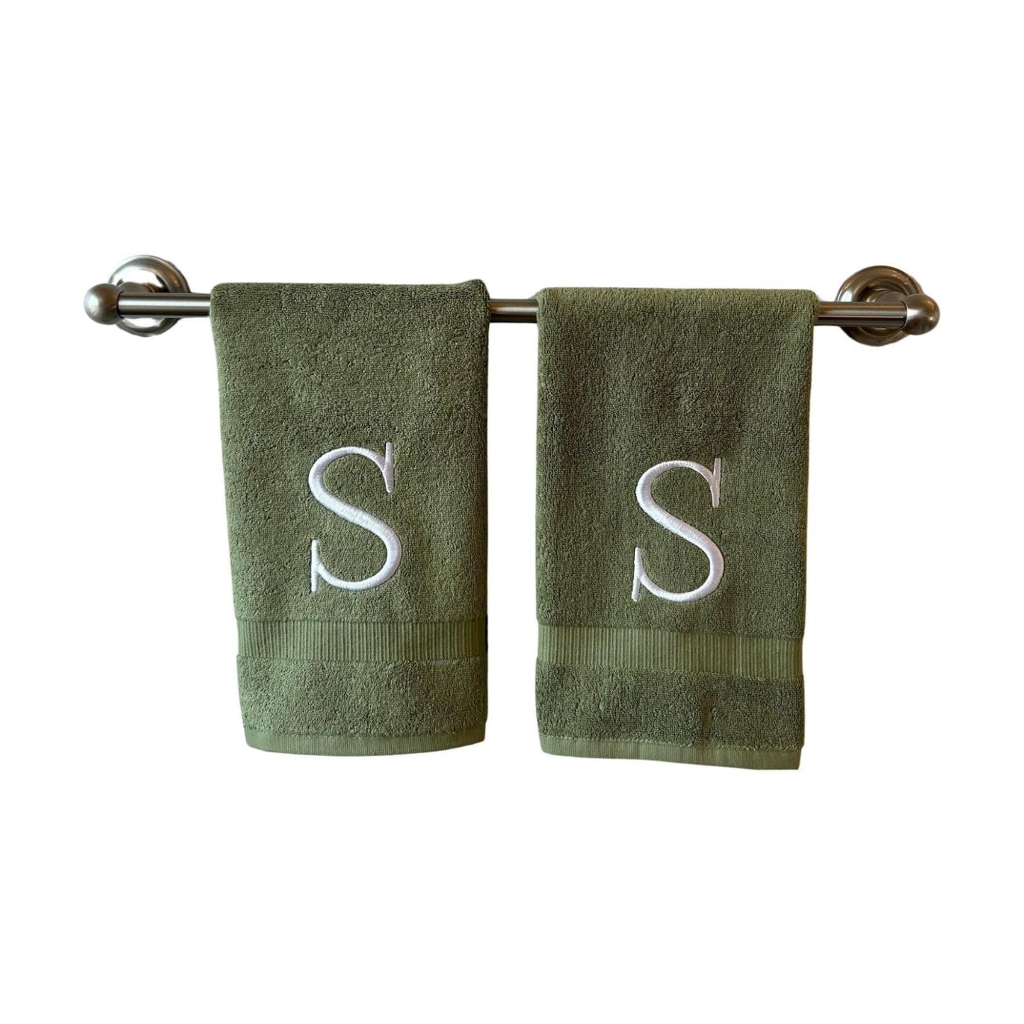 Sage with White Monogrammed Hand Towels for Bathroom - Set of 2 Letter S | Luxury Hotel Quality Initial Towels For