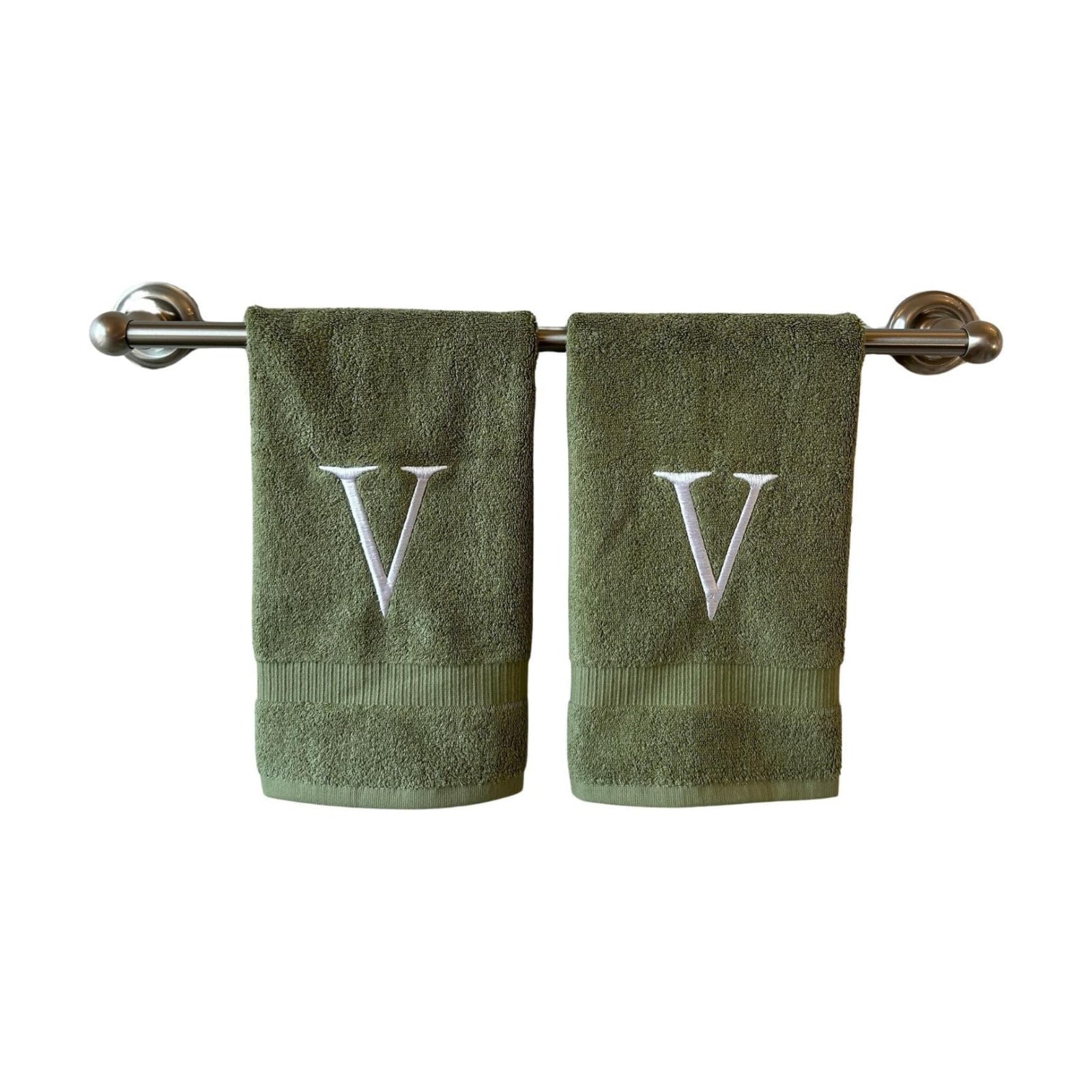Sage with White Monogrammed Hand Towels for Bathroom - Set of 2 Letter V | Luxury Hotel Quality Initial Towels For